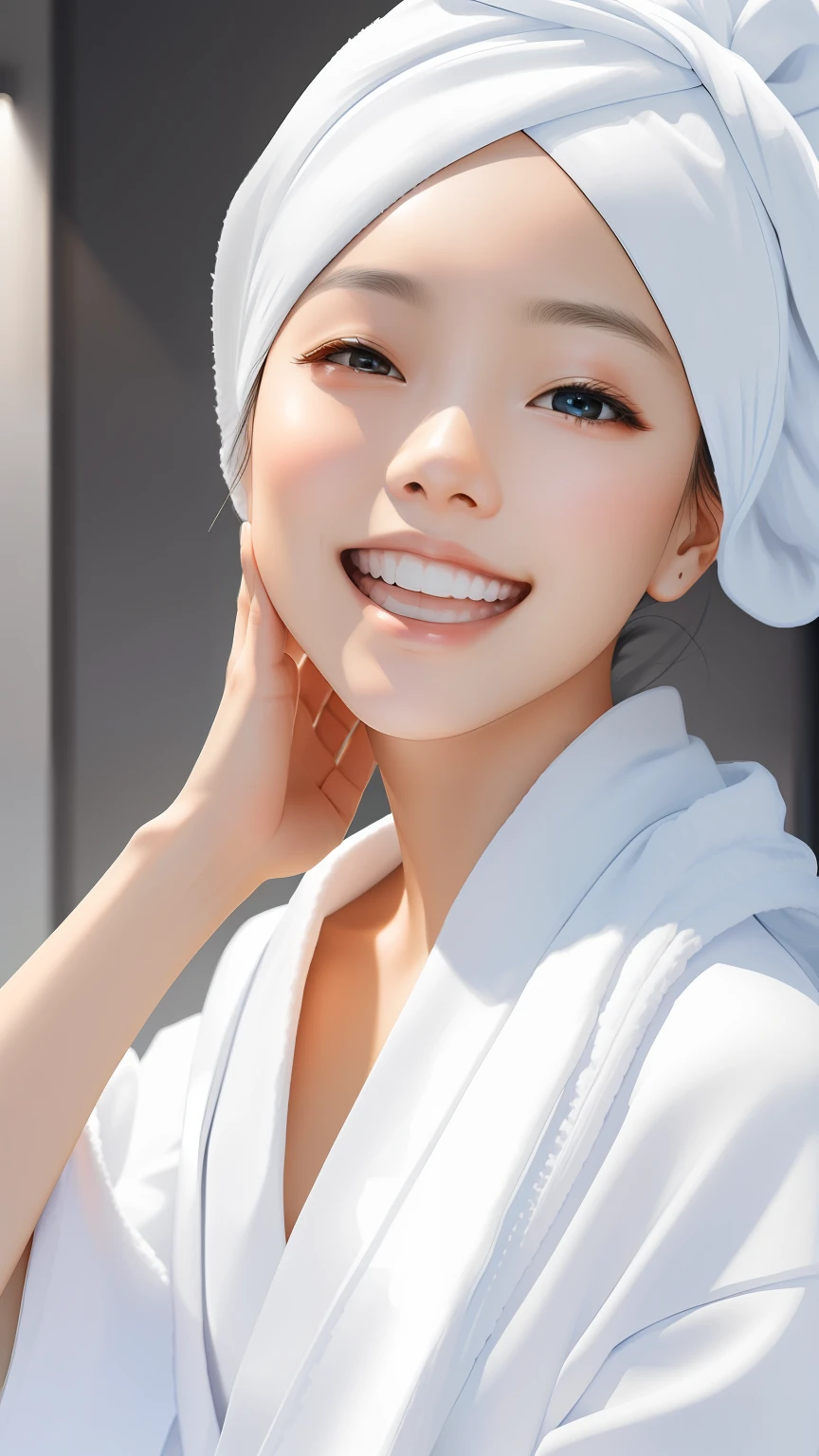 ((masterpiece, best quality and resolution, amazing lighting and color, human realistic shape and detail)), upper body shot, pretty Korean female teen, drying her hair with white towel, ((her hair fully wrapped in towel)), ((commonly used twisted-up hair towel wrap)), ((wear white bathrobe)), normal relaxed outfit, after getting a shower.