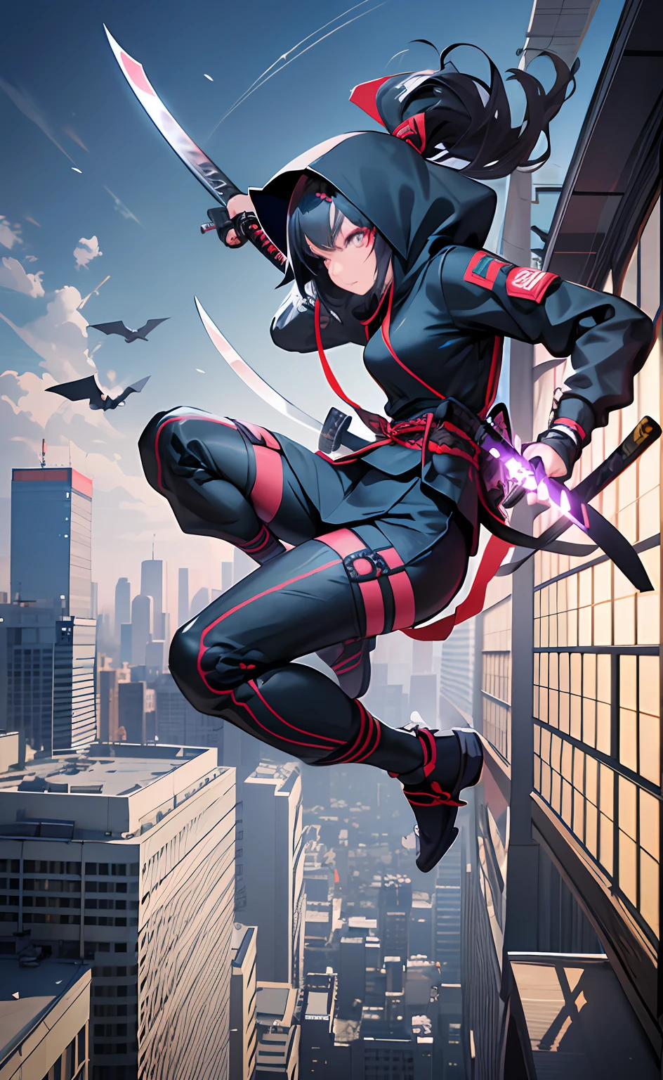 Ninja girl with black suit and hood, jumping from one roof to another in a Japanese time, long hair and tied, kunai, shuriken, holding a katana,3d render character art, 8k, 3d character art, realistic character concept, unreal 3d engine, detailed