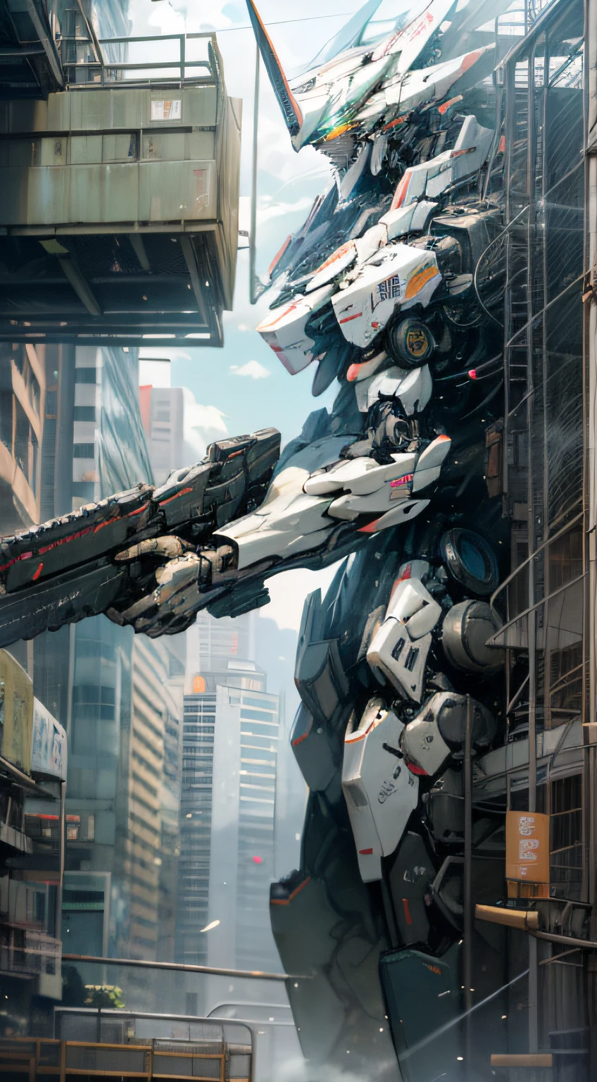 sky, cloud, holding_weapon, no_humans, glowing, , robot, building, glowing_eyes, mecha, science_fiction, city real,mecha, tokyo, optical camouflage, mega launcher possession, fierce combat --auto --s2