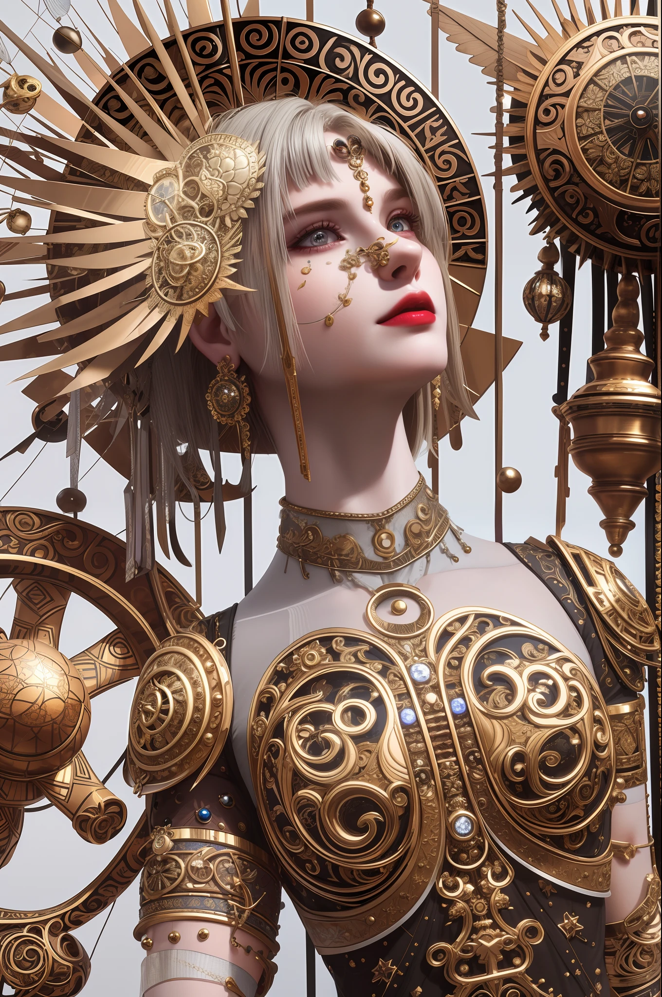 masterpiece, high quality, 3d, 8k cg, intricate details, detailed background, sacred. ornaments, byDylanKowalski, ((1girl)), upper body, muscular, skindentation, looking to the side, short hair, prosthesis, mechanical arms, synthetic skin, porcelain, pearl, holographic, titanium, diamond, ruby, sapphire, gemstones, clockwork, grunge, worn edges, armor,