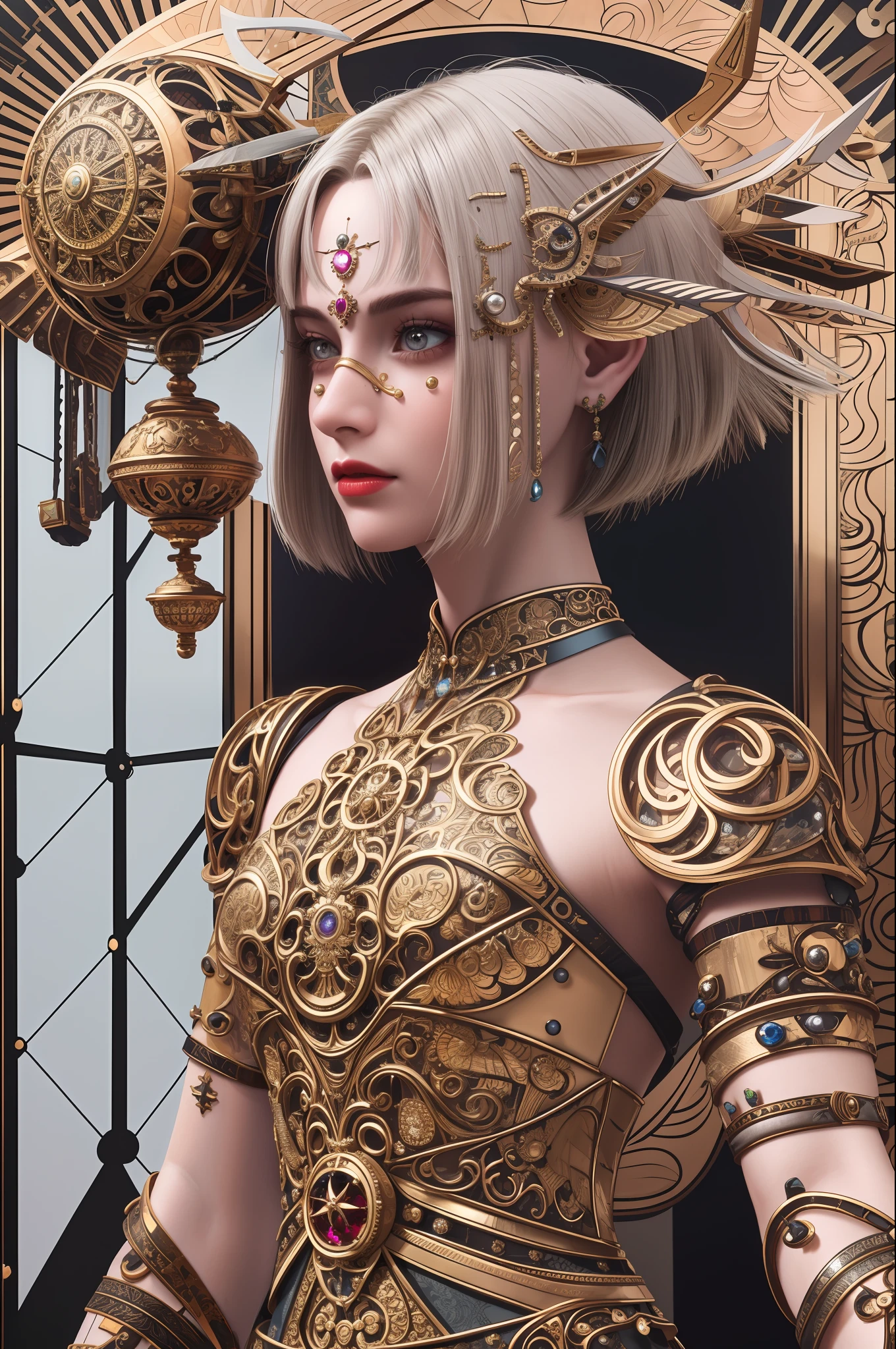 masterpiece, high quality, 3d, 8k cg, intricate details, detailed background, sacred. ornaments, byDylanKowalski, ((1girl)), upper body, muscular, skindentation, looking to the side, short hair, prosthesis, mechanical arms, synthetic skin, porcelain, pearl, holographic, titanium, diamond, ruby, sapphire, gemstones, clockwork, grunge, worn edges, armor,