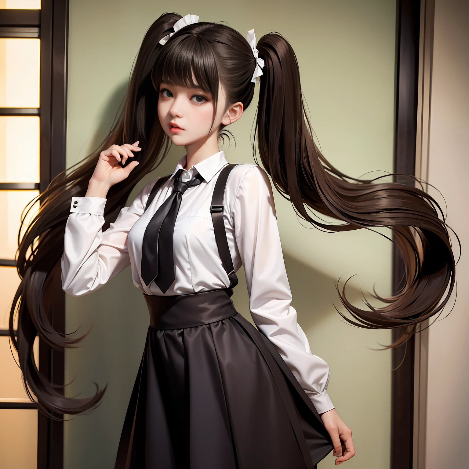 there is a woman with long hair wearing a tie and a dress, twintails hairstyle, neat hair with bangs, ulzzang, twintails, brown long hair with bangs, brown hair with bangs, sakimichan, pigtails hairstyle, shikamimi, beautiful anime high school girl, brown hair and bangs, a hyperrealistic schoolgirl, long hair with bangs