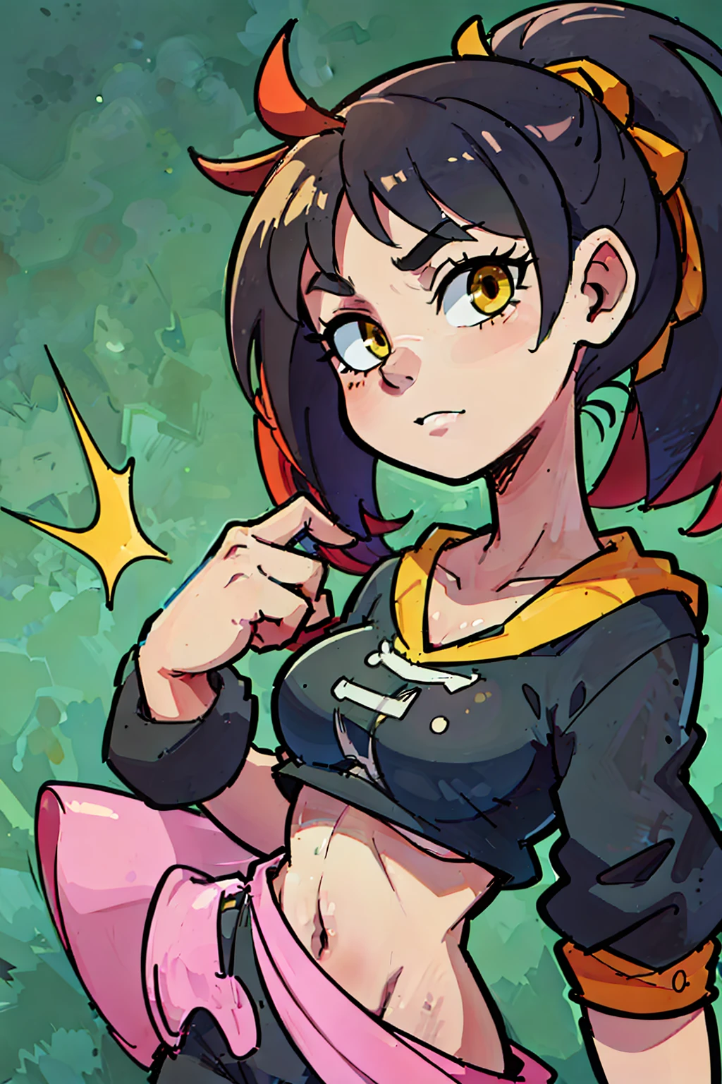 masterpiece, high quality, (anime), best quality, 1girl, very detailed eyes and face, very detailed background, loose black and red shirt, dynamic pose, dynamic light, full body, ponytail hair and yellow and dark green, background: rainbow