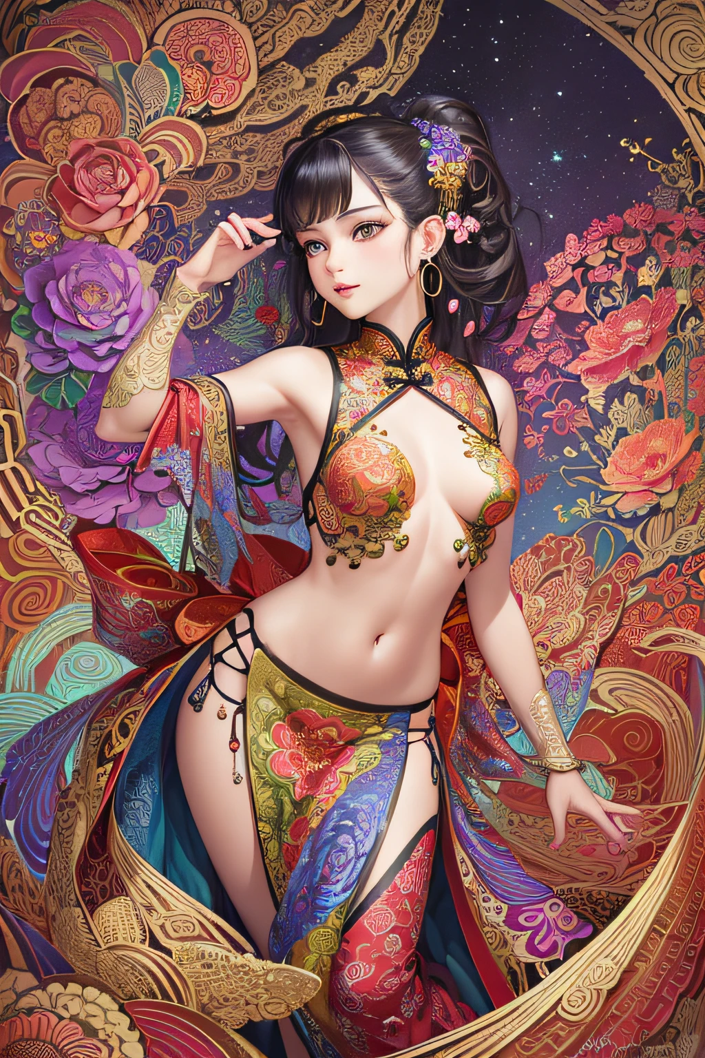 (masterpiece, top quality, best quality, official art, beautiful and aesthetic:1.2), (1girl:1.3), extremely detailed,(fractal art:1.1),(colorful:1.1)(flowers:1.3),highest detailed,(zentangle:1.2), (dynamic pose), (abstract background:1.3), (chinese Traditional cloth:1.2), (shiny skin), (many colors:1.4), ,(earrings:1.4),