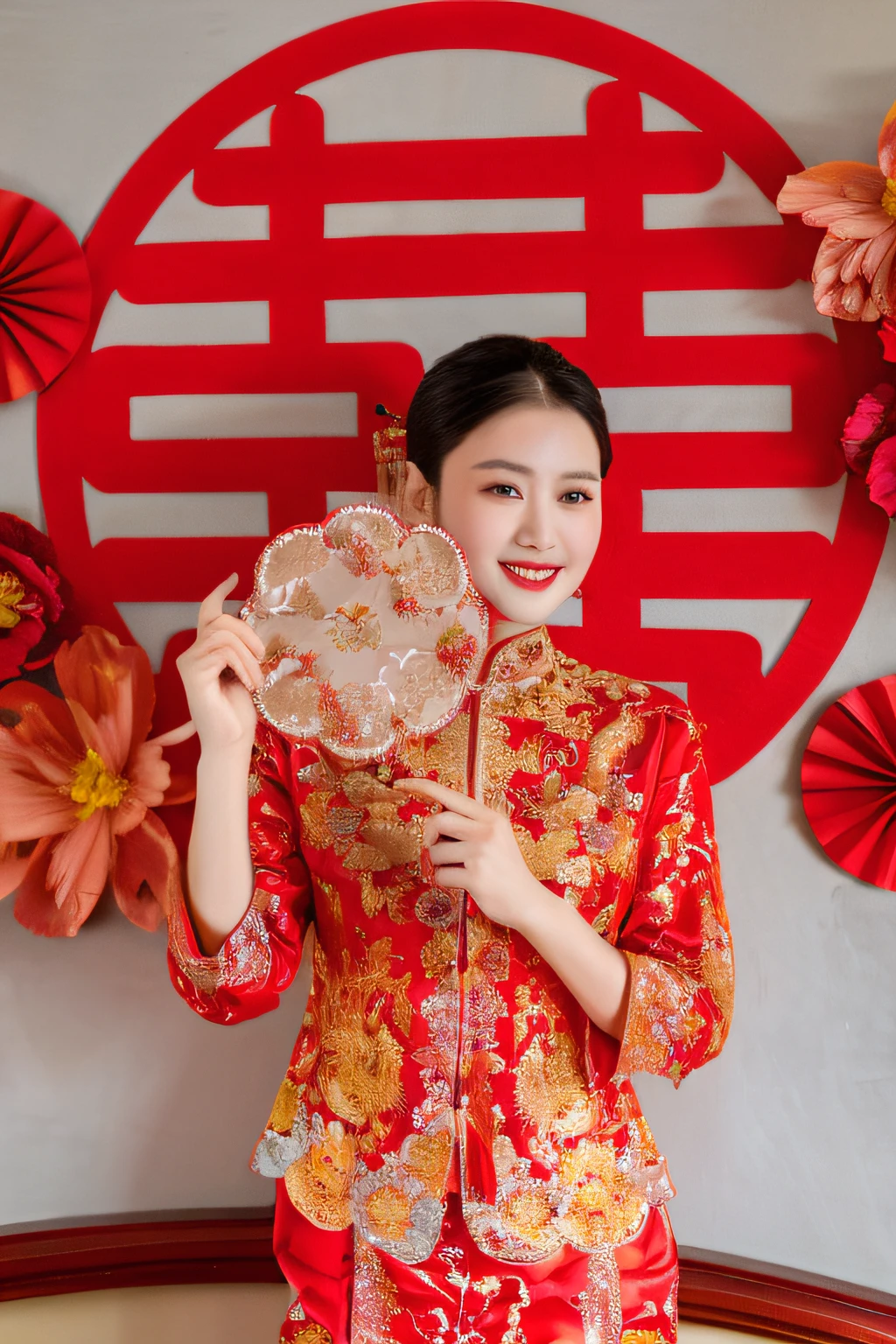 arafed woman in a red dress holding a fan in front of a wall with flowers, chinese style, traditional chinese, cheongsam, wearing a red cheongsam, chinese dress, chinese woman, chinese costume, traditional chinese clothing, with acient chinese clothes, chinese girl, chinese heritage, wearing ancient chinese clothes, inspired by Shang Xi