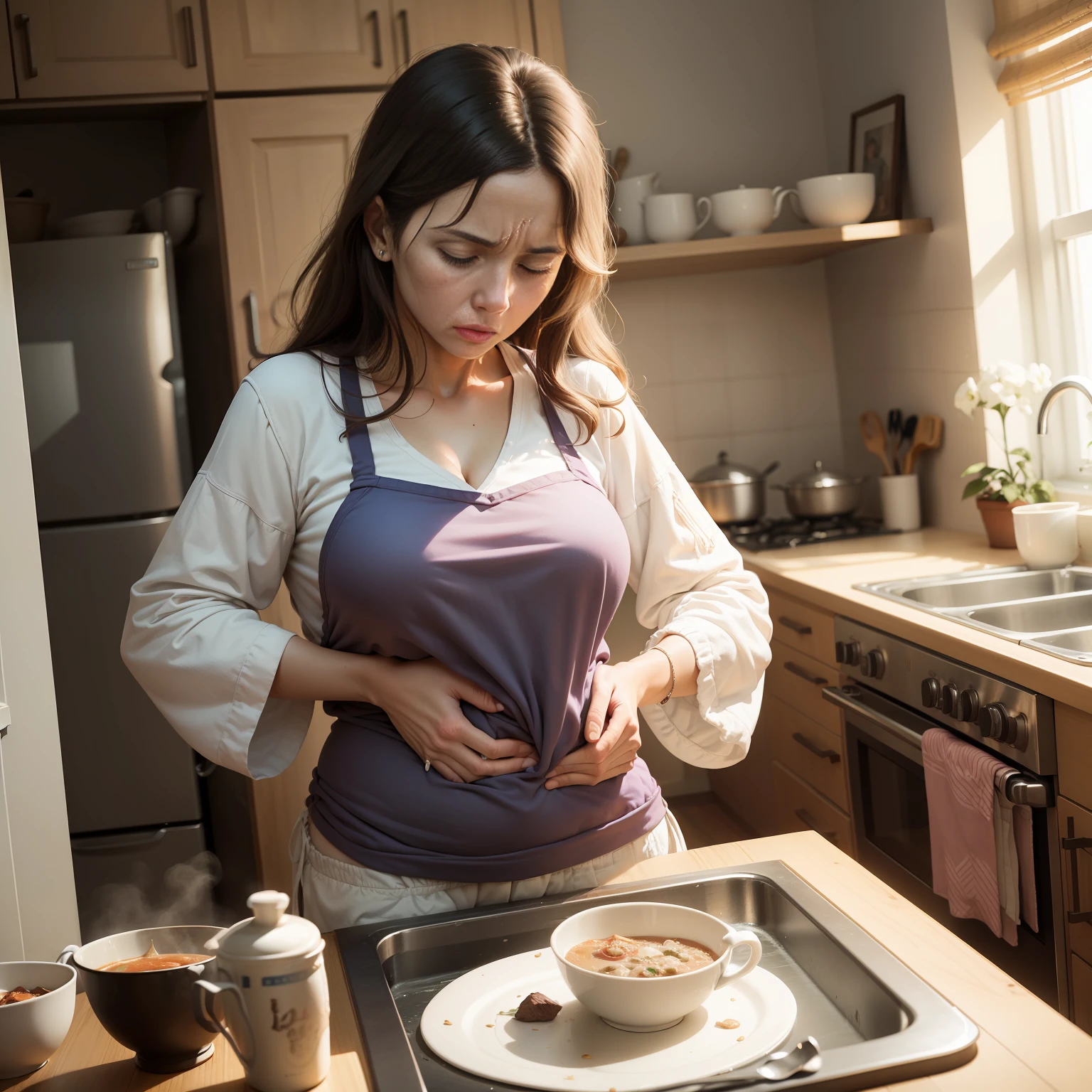 (1 mother)The woman who was holding her stomach in pain in the kitchen, wearing House clothes, with an agonized face, clutched her stomach