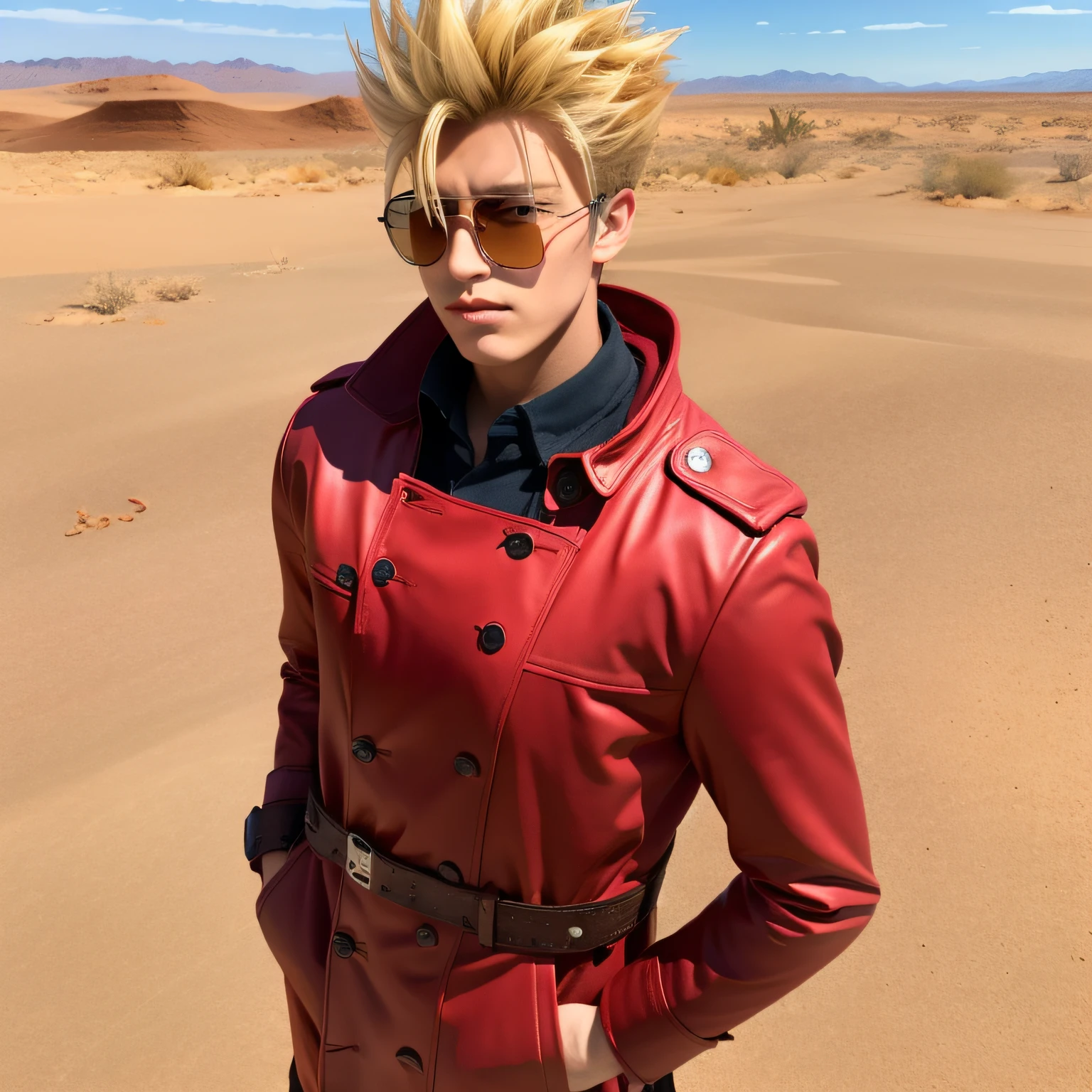 realistic young man in red coat standing in desert area with desert background, trigun, vash stampede, (realistic:1.2)