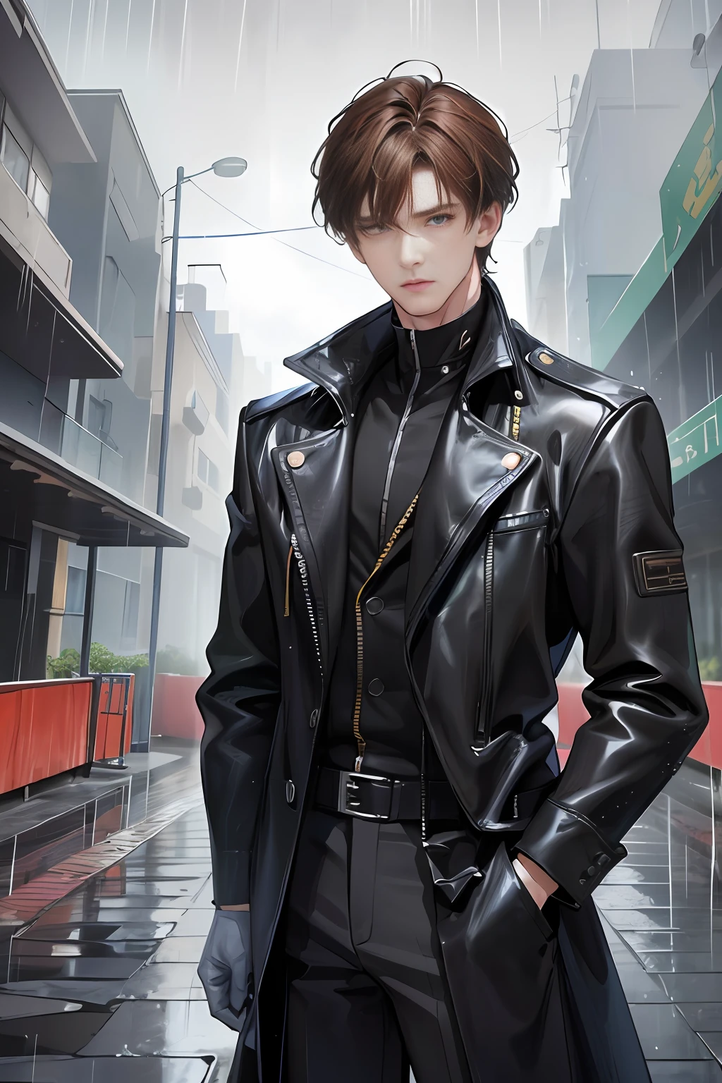 On the plastic track, on the school playground, heavy rain (high resolution, distinct_image) superb man, masterpiece, high detail, semi-realistic, brown short hair man, brown hair, short hair, medium hair, 18 years old, young, tall and strong, blackened coat, gray-blue clothes, students, college, dashing, natural, handsome, authoritarian, powerful aura, exquisite facial features, facial details, man standing on a huge playground, the sky is raining heavily, rain mixed with sweat on the man's body, school playground, The background is on a plastic track