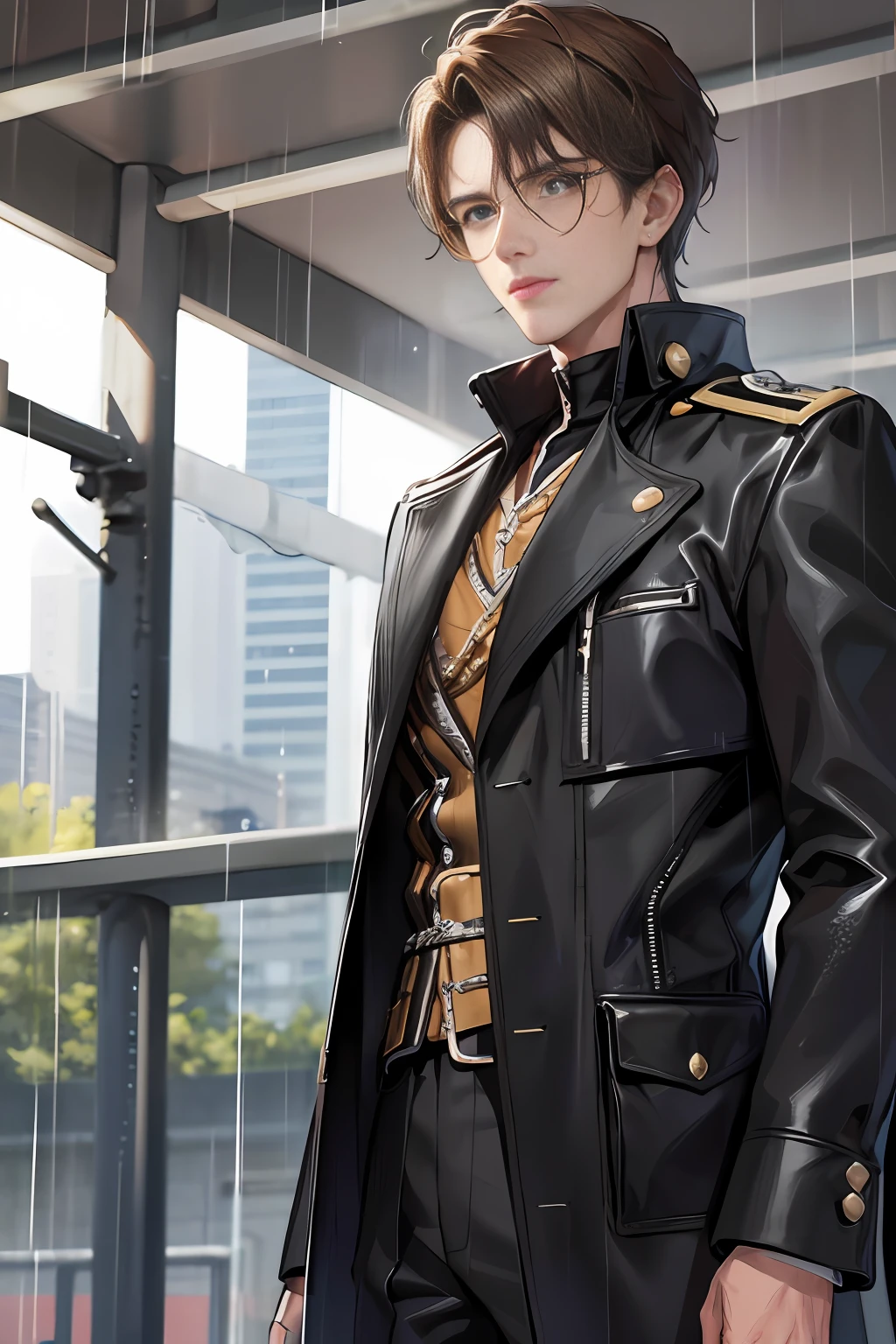 On the plastic track, on the school playground, heavy rain (high resolution, distinct_image) superb man, masterpiece, high detail, semi-realistic, brown short hair man, brown hair, short hair, medium hair, 18 years old, young, tall and strong, blackened coat, gray-blue clothes, students, college, dashing, natural, handsome, authoritarian, powerful aura, exquisite facial features, facial details, man standing on a huge playground, the sky is raining heavily, rain mixed with sweat on the man's body, school playground, The background is on a plastic track