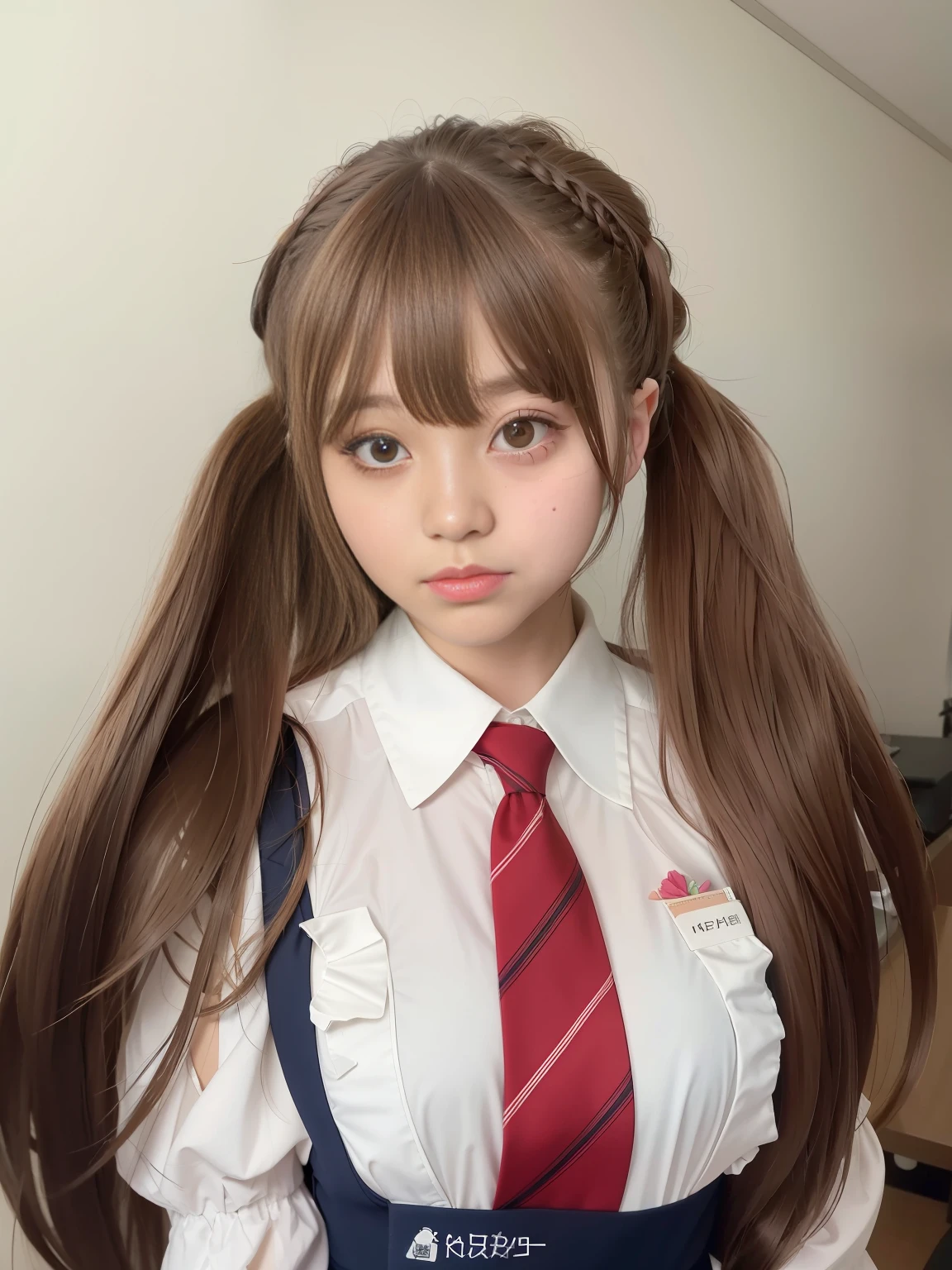 there is a woman with long hair wearing a tie and a dress, twintails hairstyle, neat hair with bangs, ulzzang, twintails, brown long hair with bangs, brown hair with bangs, sakimichan, pigtails hairstyle, shikamimi, beautiful anime high school girl, brown hair and bangs, a hyperrealistic schoolgirl, long hair with bangs