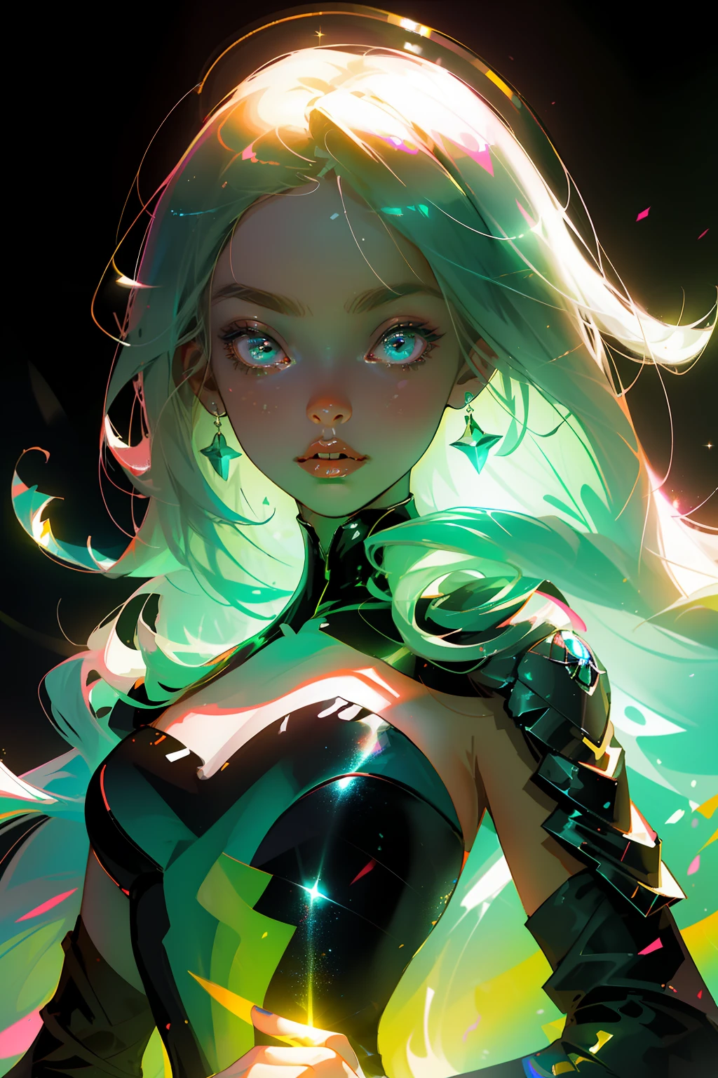 Masterpiece, best quality, super high resolution, fluorescent color,
1 girl looking at the audience, beautiful face, beautiful eyes, (from shoulder: 1.2), full-length, forest, shiny hair, shiny skin, glowing haircut, chibi, finger scale coordination, black star dress, particles, magic, fluorescent flowers