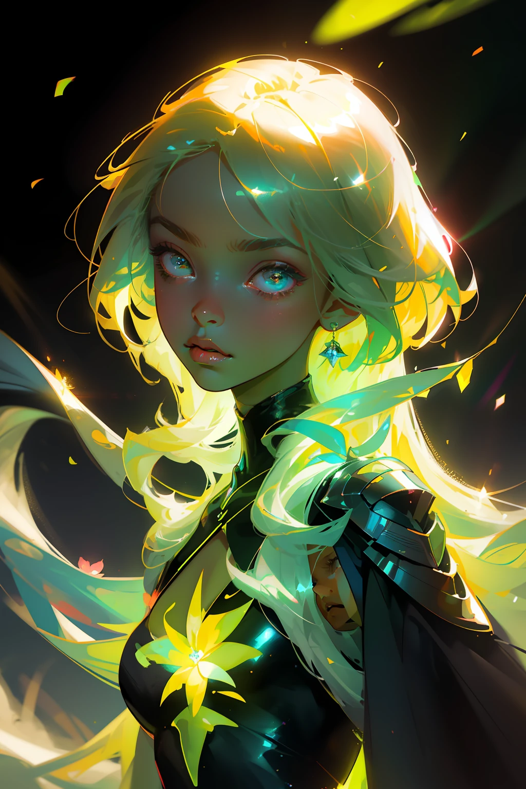 Masterpiece, best quality, super high resolution, fluorescent color,
1 girl looking at the audience, beautiful face, beautiful eyes, (from shoulder: 1.2), full-length, forest, shiny hair, shiny skin, glowing haircut, chibi, finger scale coordination, black star dress, particles, magic, fluorescent flowers