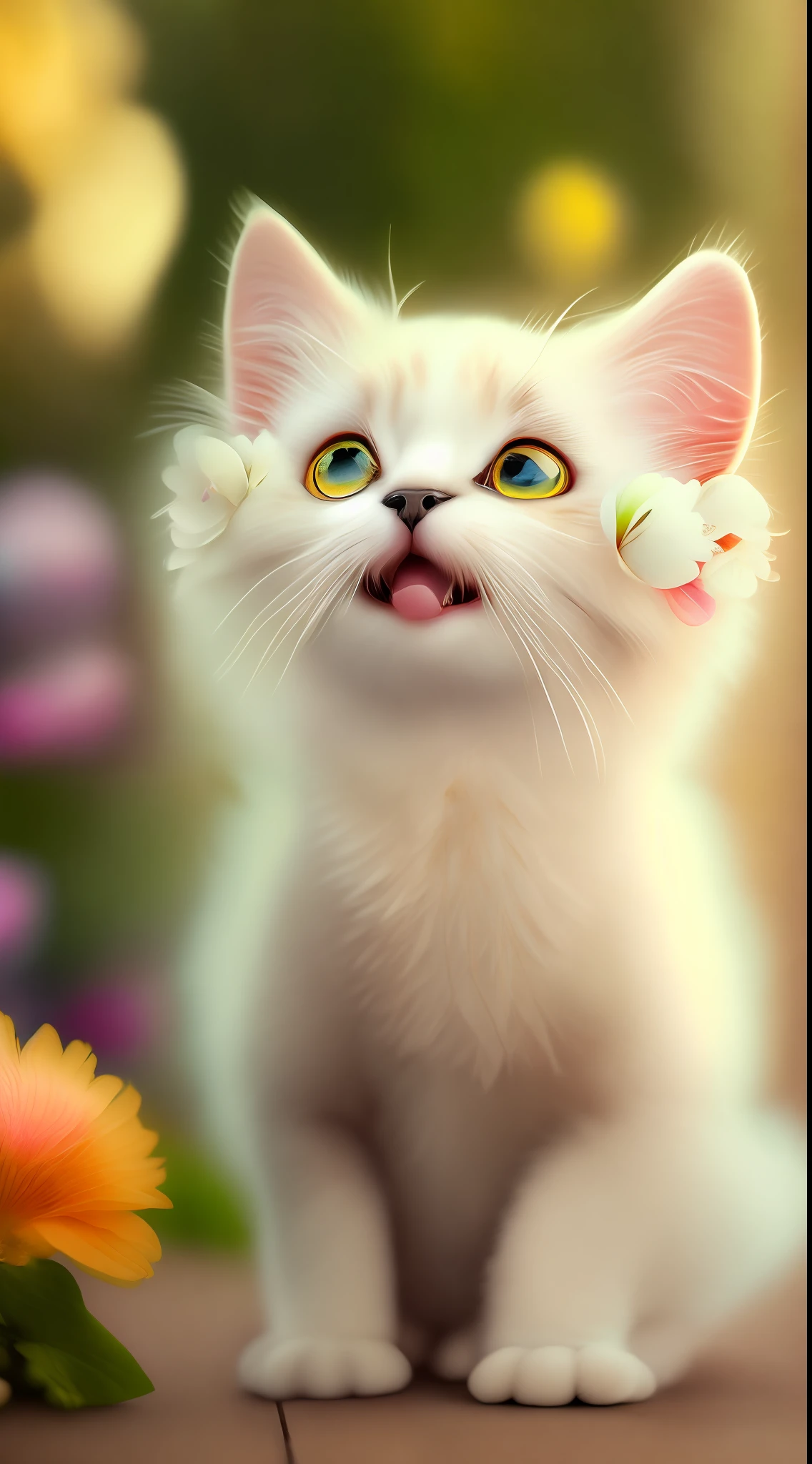 Very cute furry white tropical punk kitten, big eyes, flowers, flowers, full body, laugh, professional light, depth of field 8k, golden magic moment, professional photography, octane rendering, super realistic - amazing sunlight, dynamic composition, photography, sharp focus, background bokeh, open mouth, laugh !!!