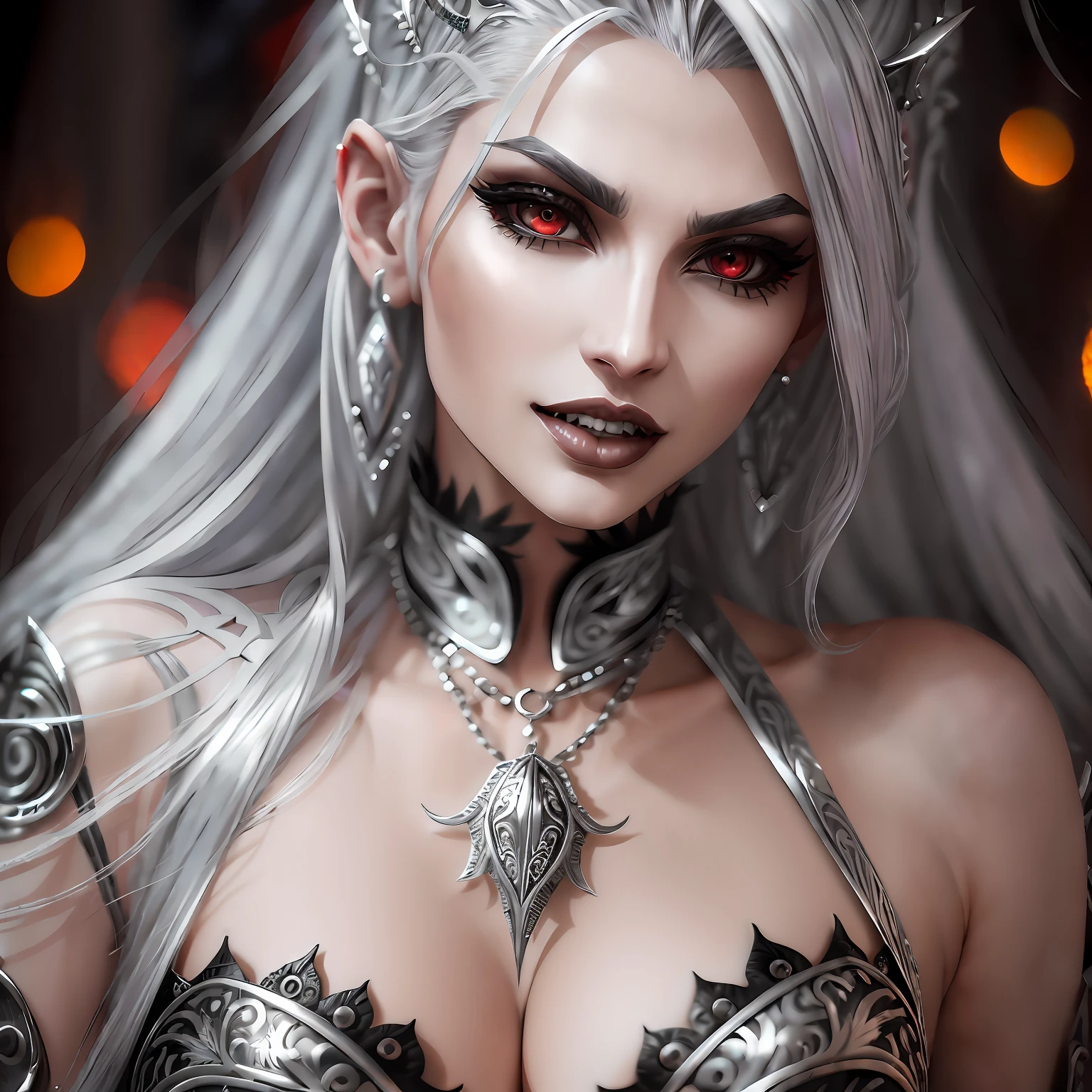 youthful silver-haired vampire with fangs by Jovana Rikalo, 35mm, F/2.8, insanely detailed and intricate, character, hypermaximalist, business, seductive, professional, modern, exotic, revealing, appealing, attractive, amative, photorealistic, super detailed, trending on flicker, --auto --s2