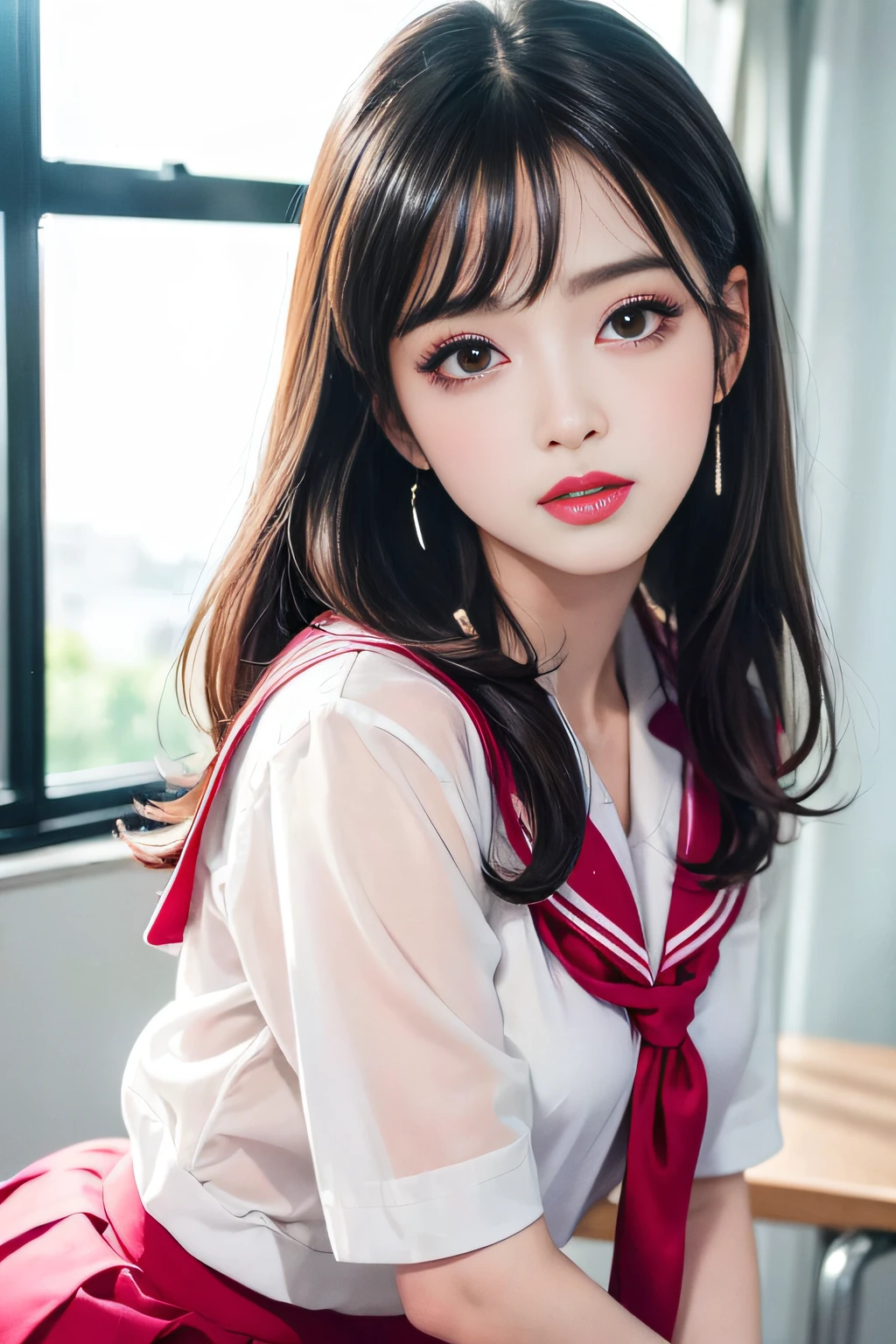 (8k, RAW photo, photorealistic:1.25) ,( lipgloss, eyelashes, gloss-face, glossy skin, best quality, ultra highres, depth of field, chromatic aberration, caustics, Broad lighting, natural shading,Kpop idol) looking at viewer with a serene and goddess-like happiness, highschool classroom, sailor uniform, mini skirt