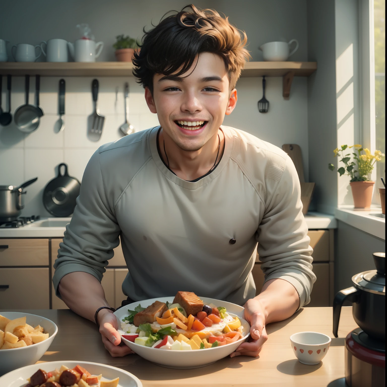 young man who eats happily and smiles for the camera, in the kitchen, with furniture