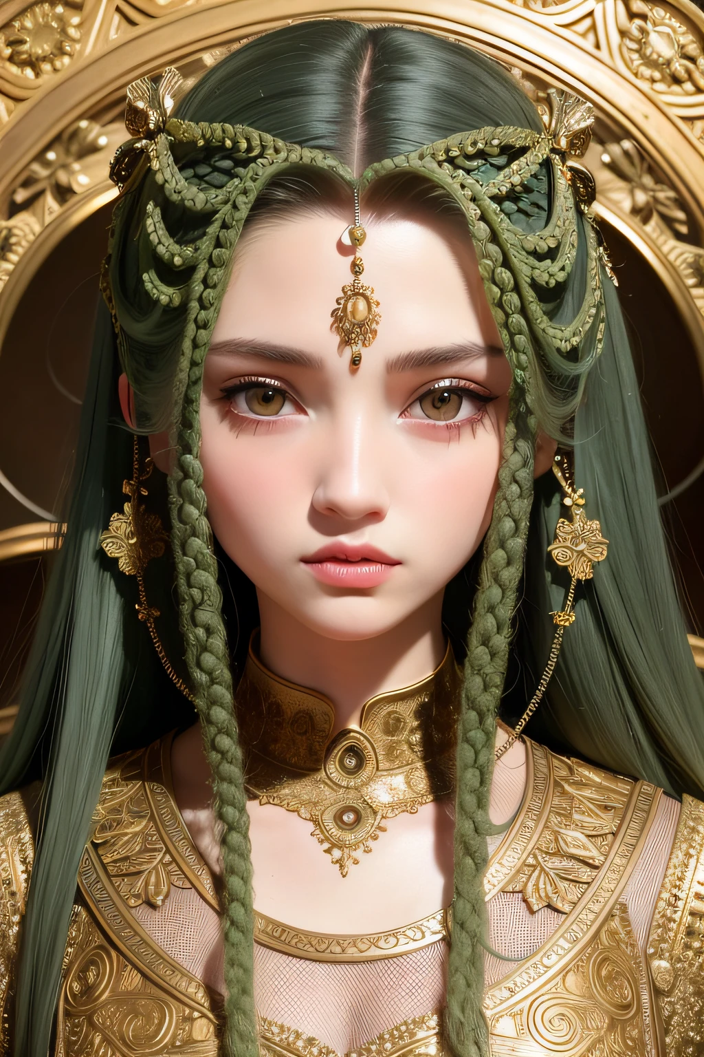 Masterpiece, best quality, portrait of 1girl, Medusa, hair is composed of countless small snakes, green eyes, female face, metal carved top, king momentum, trends on artstation, sharp focus, studio photos, intricate details, very detailed, detailed eyes, illustration, very detailed, clear focus, digital rendering, professional, 4k