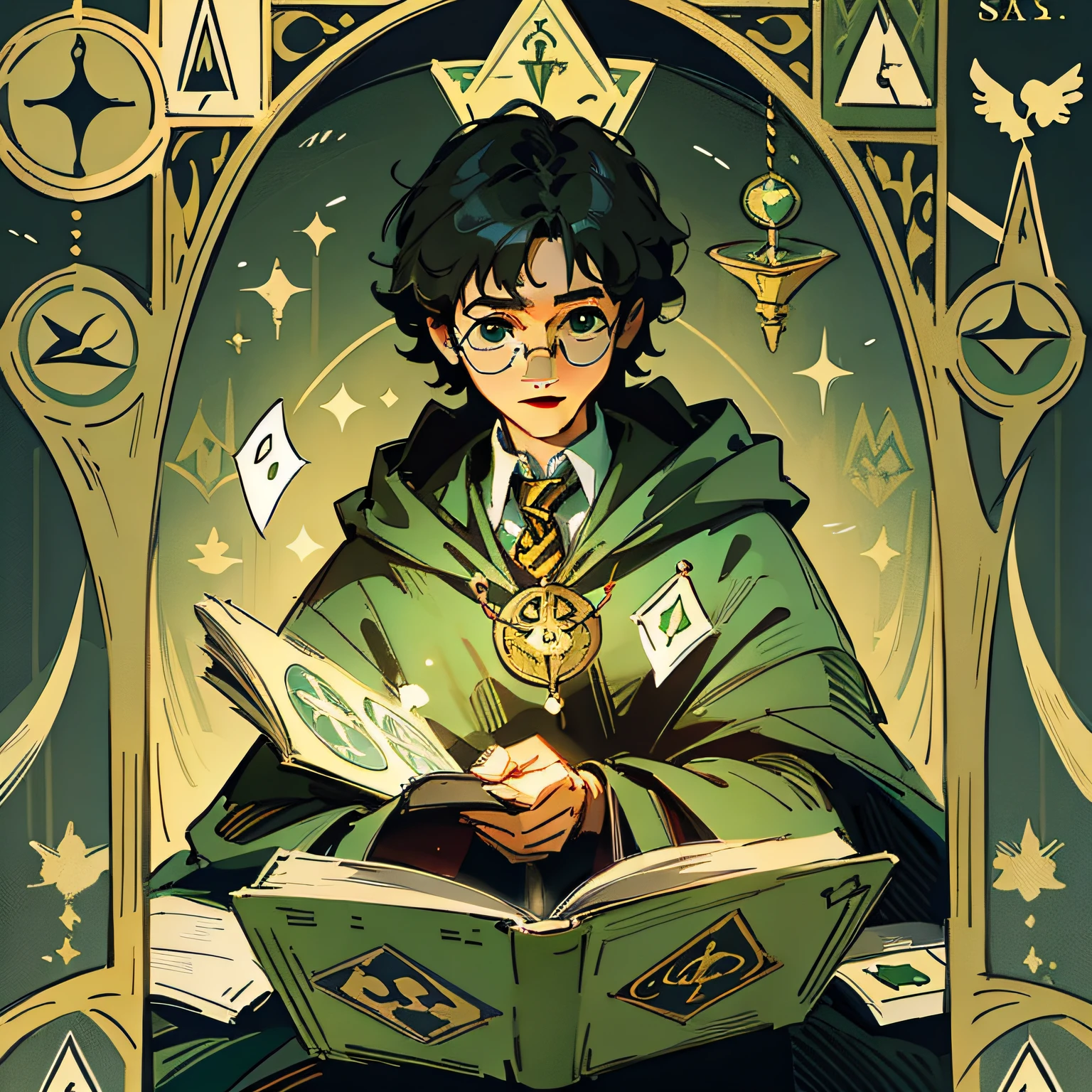 Harry Potter, green illustration, illustration background, wizard, tarot cards --auto --s2