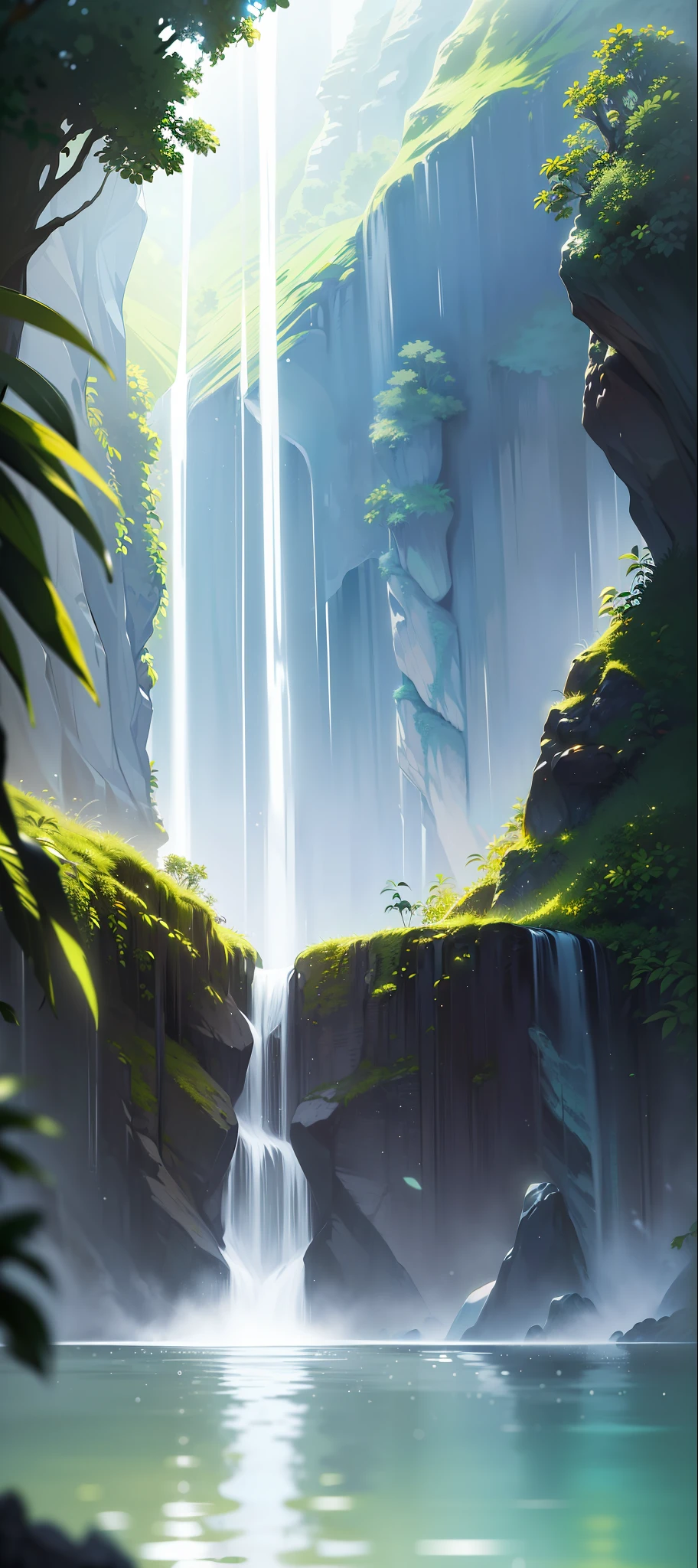 (Masterpiece, Best Quality, High Quality, Highres:1.4), Detailed, Extremely Detailed, Ambient Soft Lighting, 4K,Blurry, Blurry Background, Depth of Field, Bokeh, DOF, Fog, Bloom
Outdoors, (Nature, tropical forest:1.2), (Rocks:1.2), Mountais, Plants, waterfall,