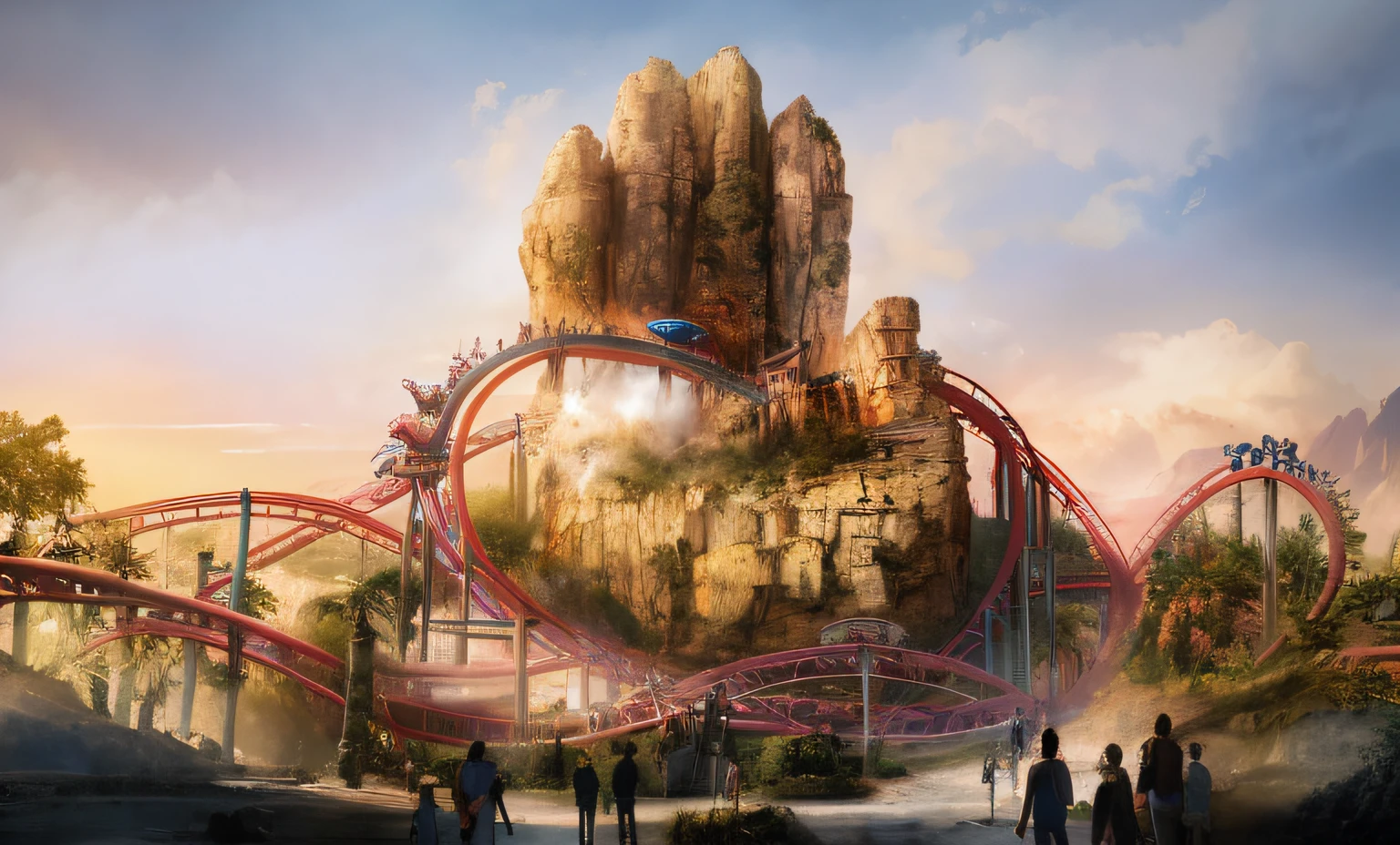 there are people standing in front of a roller coaster at a theme park, stunning! concept art, concept art stunning atmosphere, award winning concept art, concept art rendering, post - apocalyptic magic kingdom, award-winning concept art, inspired by Ryan Barger, disney concept art, beautiful concept art, concept art highly detailed, concept art ， highly rendered, disney render