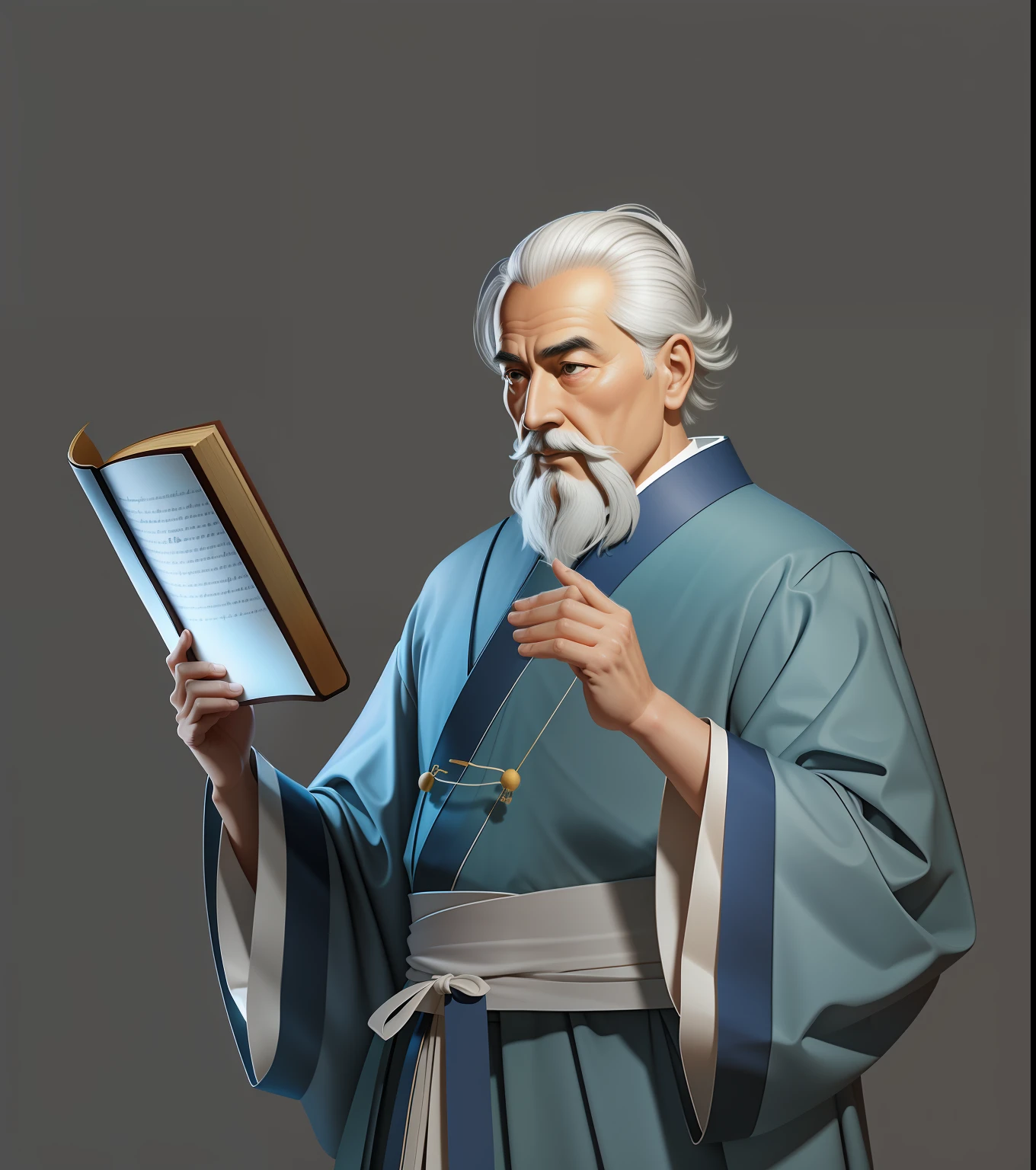 Cartoon illustration of an elderly man holding a book, Confucius, Chinese Spring and Autumn era, philosopher, thinker, educator, founder of the Confucian school, clothes are light blue, inspired by Max Magnus Norman, complete portrait of an electronic master, inspired by Jean Bello, Nicolas Tesla, Gillium Pongirupi, portrait of the character, Luis Ricardo Farero, portrait of epic elegance, Santiago Martínez Delgado, Frank Xavier-Linedekerr style digital figure concept art, white, science illustration, Magaly Villeneuve, Walt Disney, realistic depiction style of light, realistic depiction of light, simplified and stylized portrait, surreal, animated energy, surreal portrait, ambient light not strong