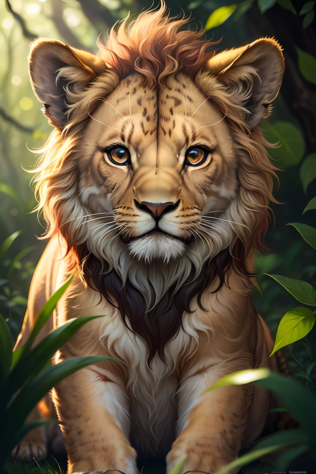 Award-winning portrait of a happy lion cub on the forest floor, bright, beautiful eyes, backlit butterflies, furry, bokeh, backlit, octane, unreal, epic composition