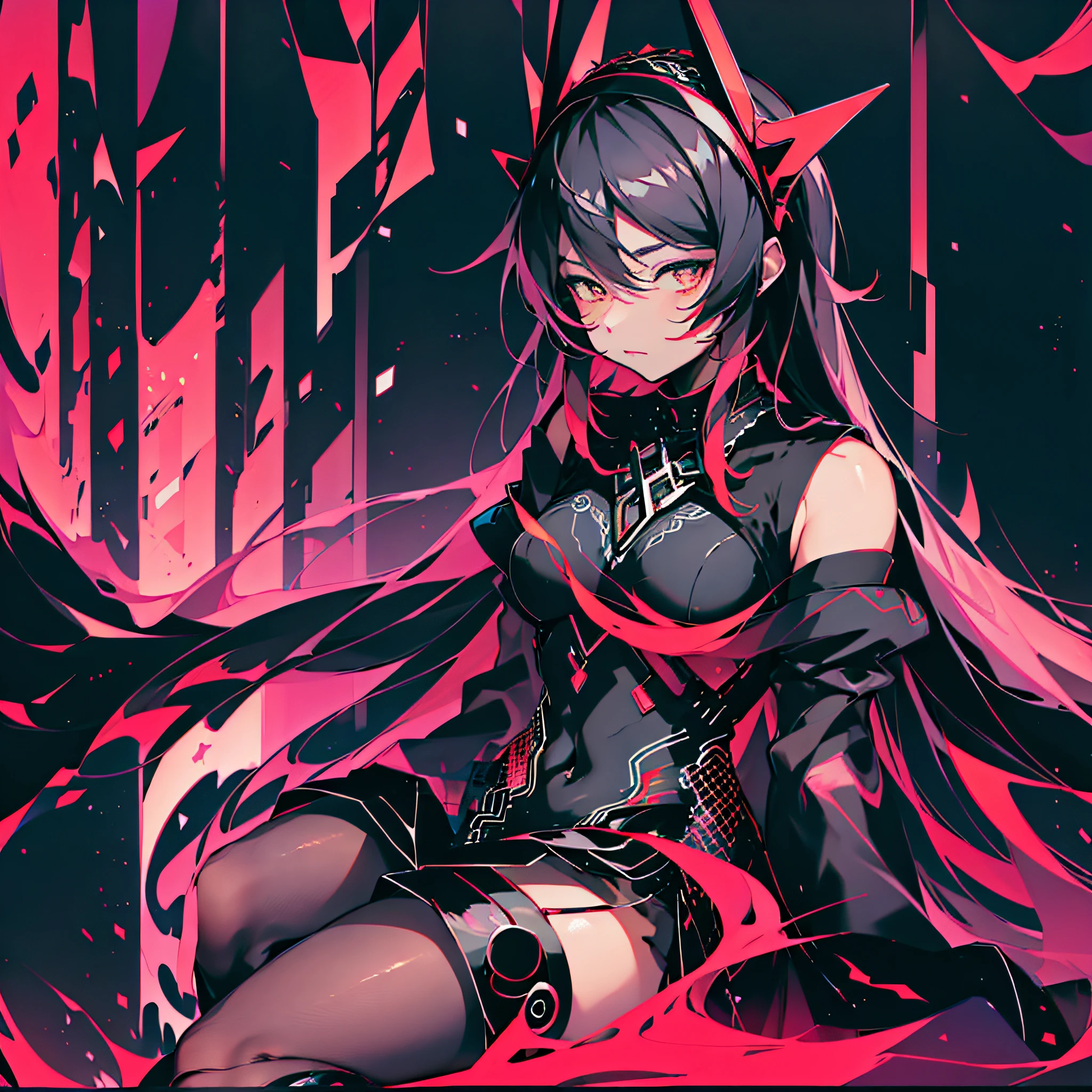 Woman sitting on bench in black and red costume, seductive anime girl, black stockings, no headdress