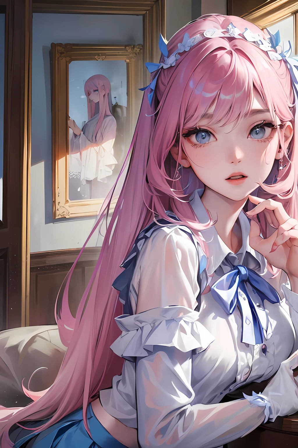 6-person dormitory, indoor environment, girl, delicate facial features, reddish face, official art, masterpiece, sharp focus, (beautiful gorgeous cute Korean woman: 1.3), (beautiful cute Korean: 1.3), Korean beauty, delicate beautiful hair and eyes and face, realistic, super detailed, beautiful girl, glowing white particles, (sidelighting: 1.2), foggy sky, slender, cute, brow furrowed, long straight hair, sexy facial expression, dynamic hair, Long straight hair, fine platinum-pink hair, glowing blue eyes, (blue pleated shirt + white skirt), white stockings, pale skin, hair accessories, , woman is tall ,
