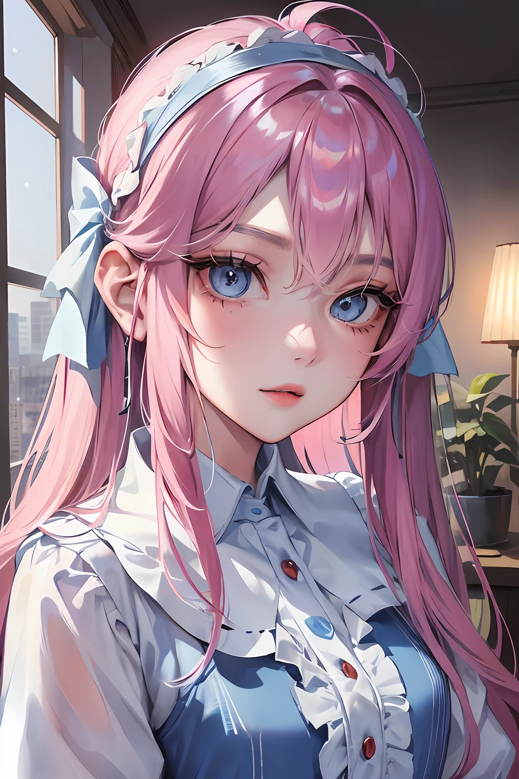 6-person dormitory, indoor environment, girl, delicate facial features, reddish face, official art, masterpiece, sharp focus, (beautiful gorgeous cute Korean woman: 1.3), (beautiful cute Korean: 1.3), Korean beauty, delicate beautiful hair and eyes and face, realistic, super detailed, beautiful girl, glowing white particles, (sidelighting: 1.2), foggy sky, slender, cute, brow furrowed, long straight hair, sexy facial expression, dynamic hair, Long straight hair, fine platinum-pink hair, glowing blue eyes, (blue pleated shirt + white skirt), white stockings, pale skin, hair accessories, , woman is tall ,