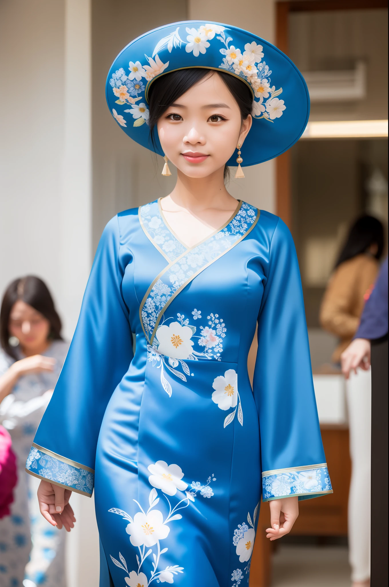 Photograph of a woman in blue with a floral pattern, top quality, masterpiece, (Real: 1.2), Vietnamese costume