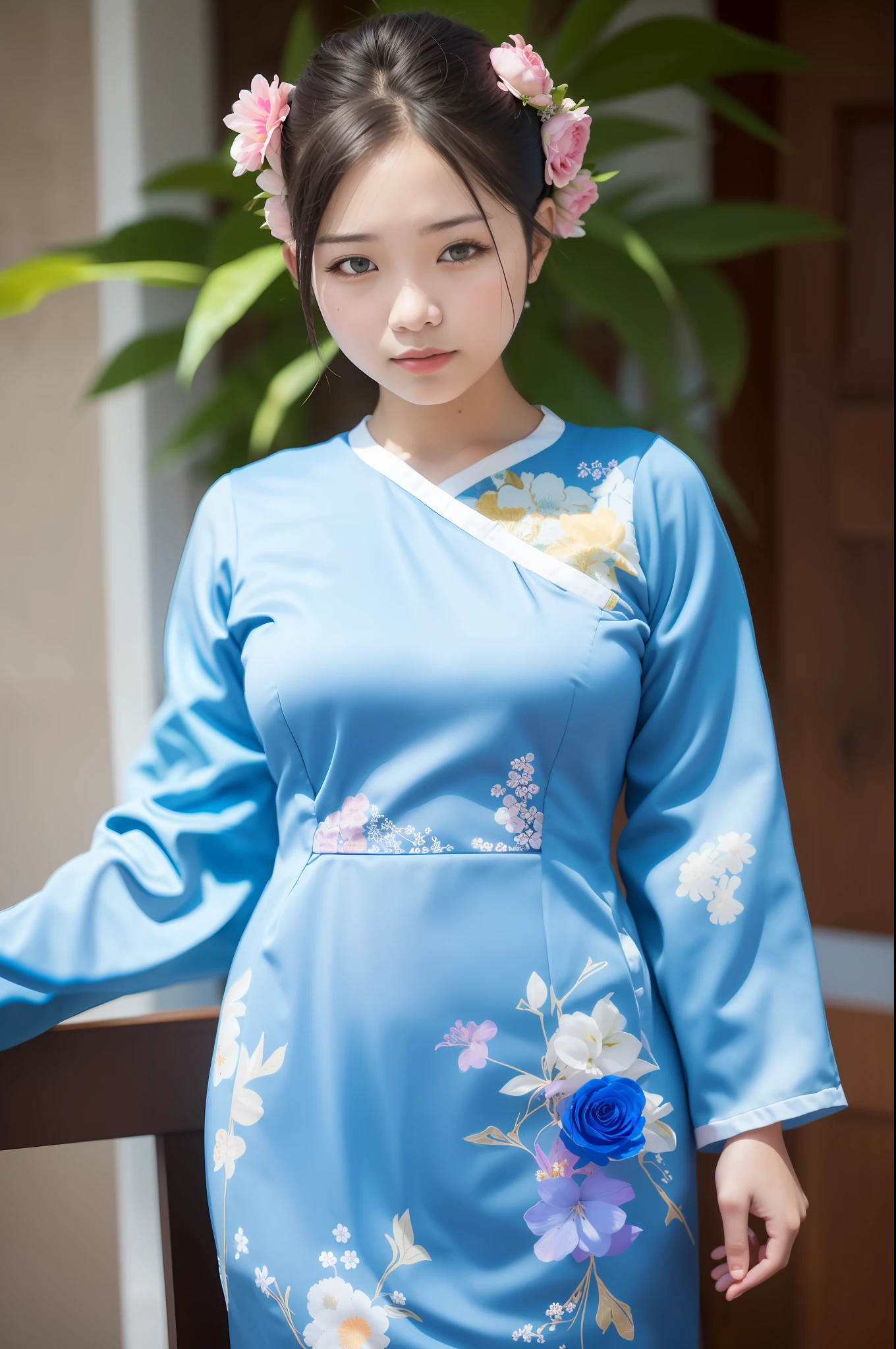 Photograph of a woman in blue with a floral pattern, top quality, masterpiece, (Real: 1.2), Vietnamese costume
