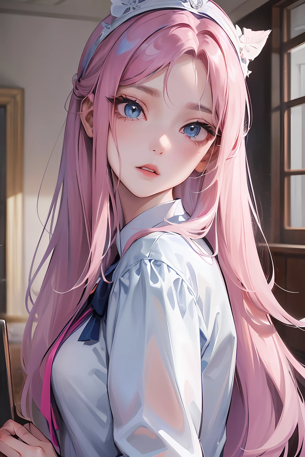 6-person dormitory, indoor environment, long shot, long view, girl, delicate facial features, reddish face, official art, masterpiece, sharp focus, (beautiful gorgeous cute Korean woman: 1.3), (beautiful cute Korean: 1.3), Korean beauty, delicate beautiful hair and eyes and face, realistic, super detailed, beautiful girl, glowing white particles, (sidelighting: 1.2), foggy sky, slender, cute, brow furrowed, long straight hair, sexy facial expressions,  Dynamic hair, long straight hair, fine platinum pink hair, glowing blue eyes, (blue pleated shirt + white skirt), white stockings, pale skin, hair accessories, , woman is tall ,