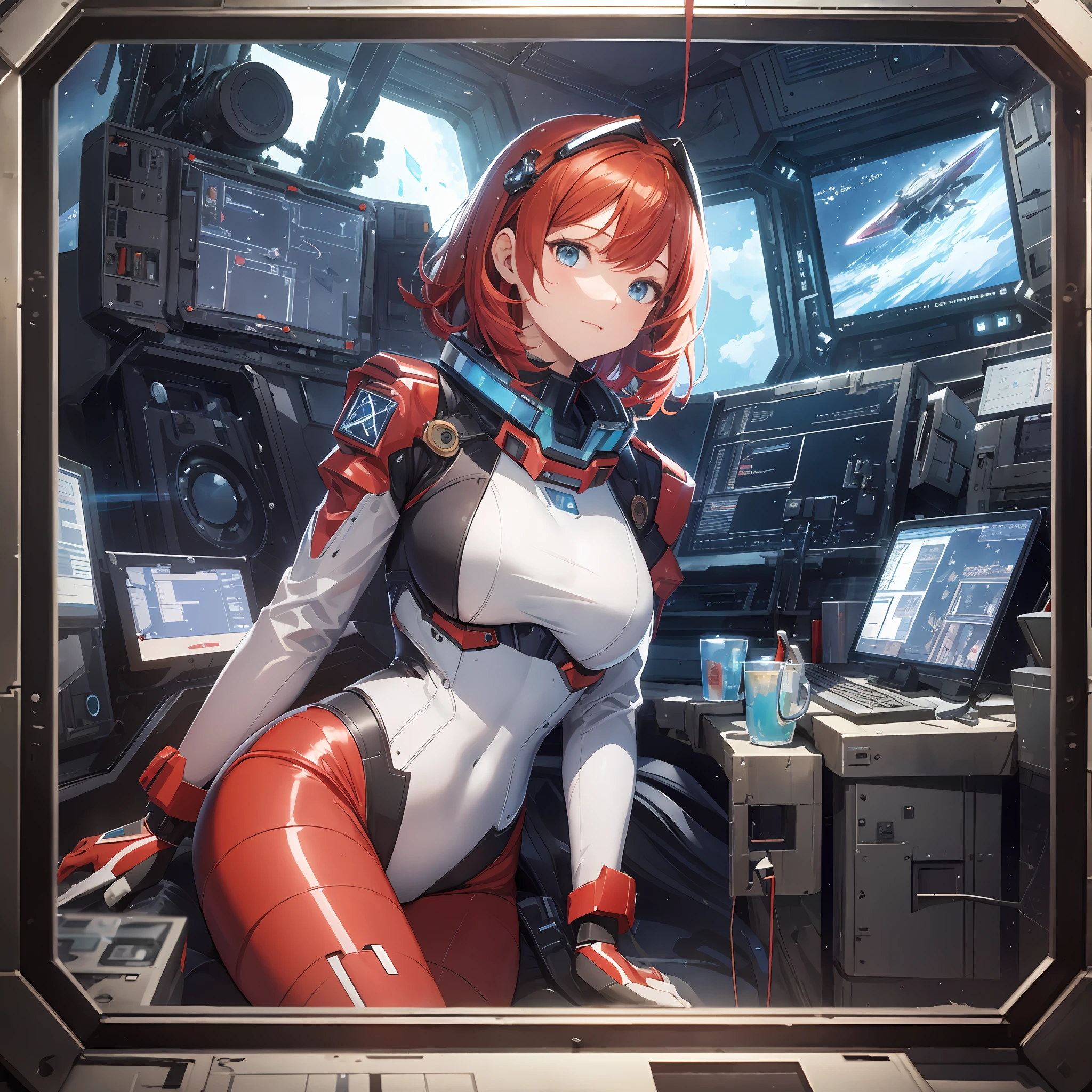 Absurd resolution, high resolution, (masterpiece: 1.4), hyper-detail, 1 young woman, short red hair, pilot suit, rich princess, sitting in an extremely narrow and closed mecha control room looking out the window, the window is the space universe can see the blue planet (1.5), the expression is excited, the mecha control room is in the universe