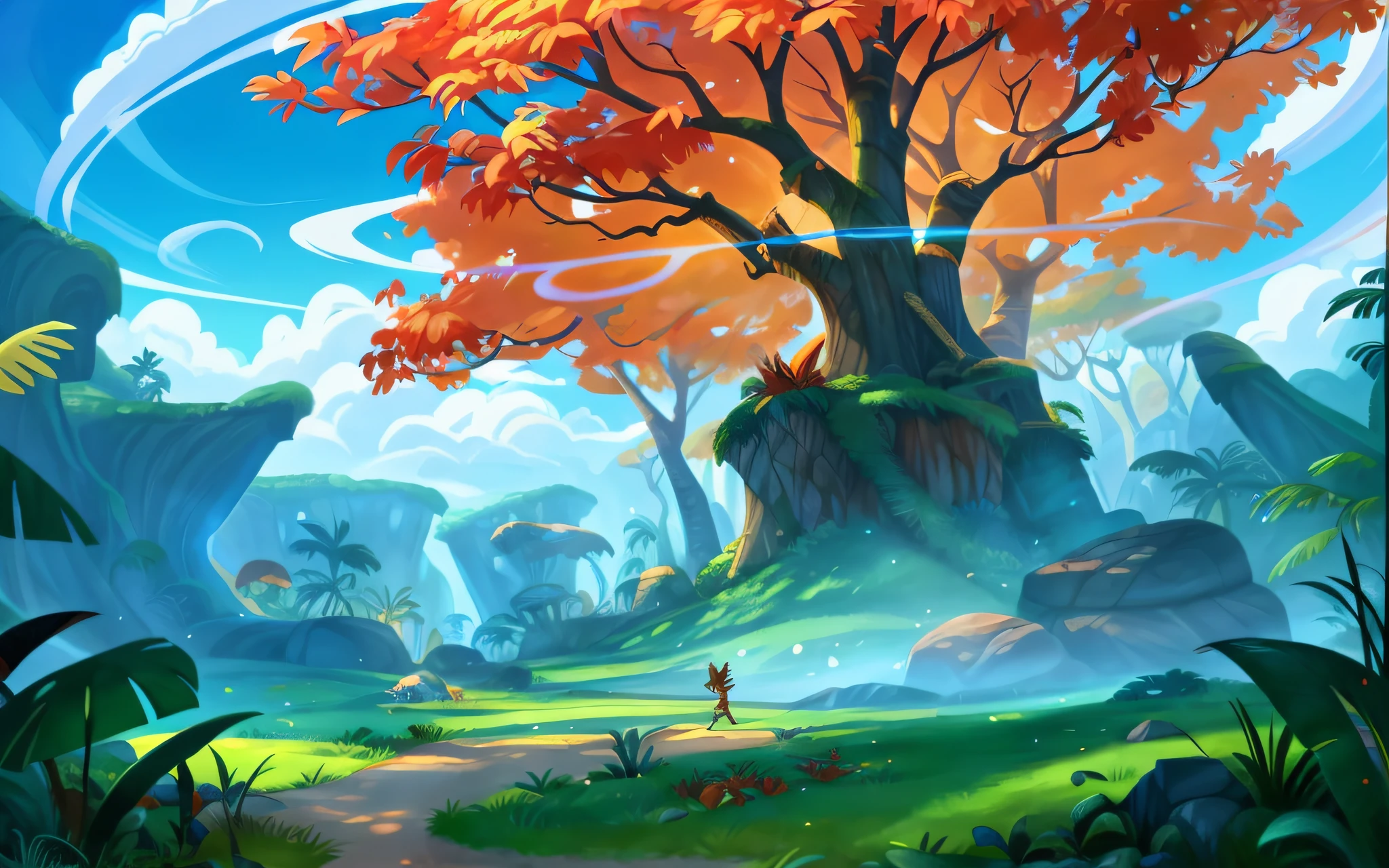 illustration game scene, The Croods, DreamWorks animation, background image of game character, giant tree with red leaves, flat ground, open area, natural environment, high quality background image, wide angle photography, fantasy plant, cartoon style, tropical plants, horizontal composition, bright, super high resolution, super high quality, clear detail, forest, game scene map