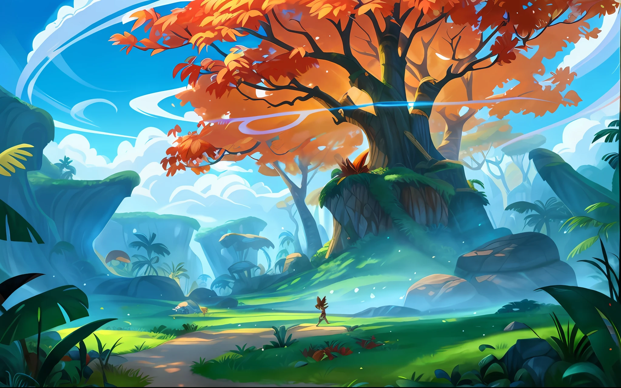 illustration game scene, The Croods, DreamWorks animation, background image of game character, giant tree with red leaves, flat ground, open area, natural environment, high quality background image, wide angle photography, fantasy plant, cartoon style, tropical plants, horizontal composition, bright, super high resolution, super high quality, clear detail, forest, game scene map