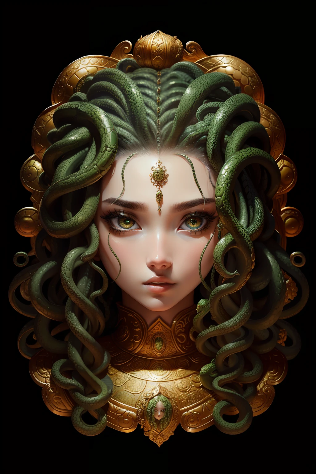 Masterpiece, best quality, portrait of 1girl, Medusa, hair is composed of countless small snakes, green eyes, female face, metal carved top, king momentum, trends on artstation, sharp focus, studio photos, intricate details, very detailed, detailed eyes, illustration, very detailed, clear focus, digital rendering, professional, 4k