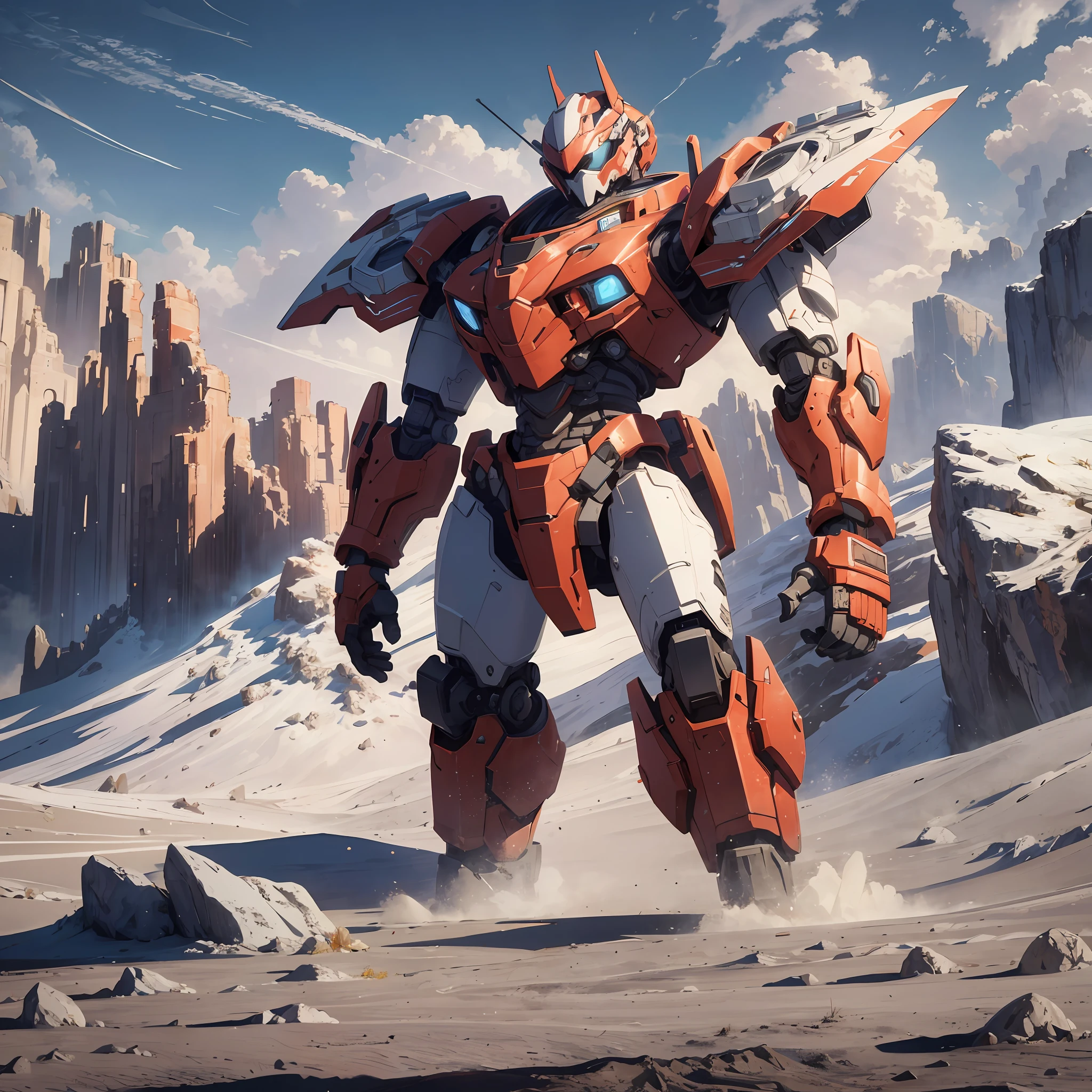 Absurd resolution, high resolution, (masterpiece: 1.4), hyper-detail, a mech, red armor, standing on the surface of the moon (1.5)