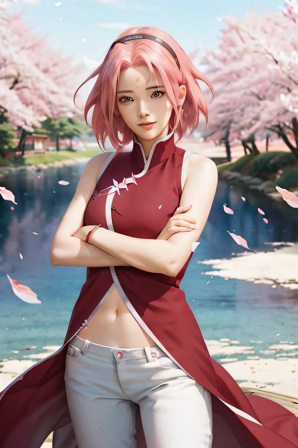 anime girl with pink hair and a red cape standing in front of a lake, sakura haruno, haruno sakura, sakura haruno in slug sage mode, sakura kinomoto, sakura petals around her, sakura season, lush sakura, from naruto, yayoi kasuma, sakura bloomimg, realistic, cosplay, hyper-detailed, photorealism