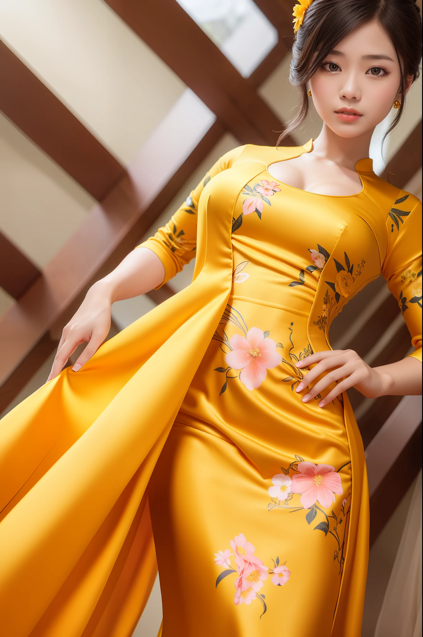 Photo of a woman in yellow ao dai with a floral pattern, top quality, masterpiece, (realistic: 1.2) satin