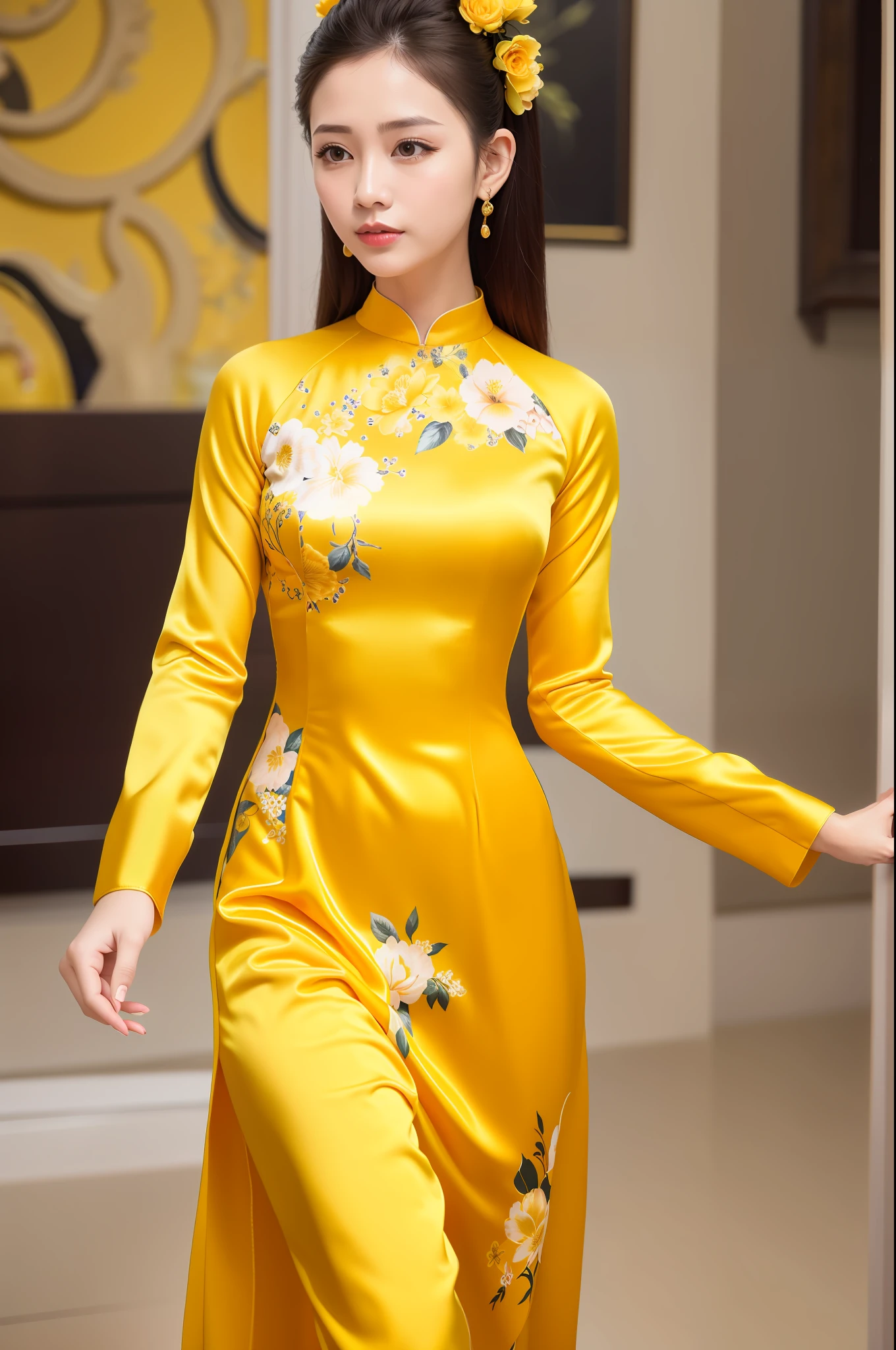 Photo of a woman in yellow ao dai with a floral pattern, top quality, masterpiece, (realistic: 1.2) satin