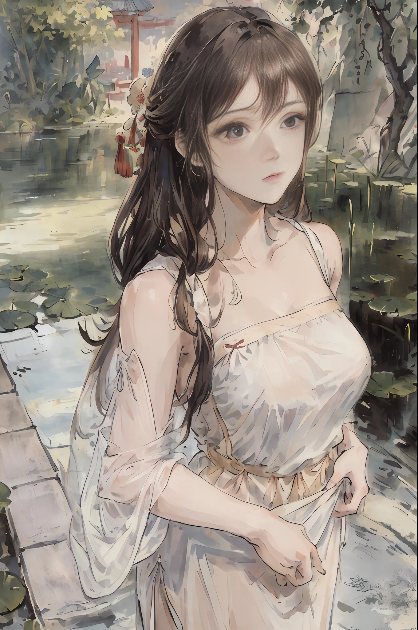 ((4K, Masterpiece, Best Quality)), shuimobysim, Chinese painting, lotus, hanfu, maxiskit, dress open 1girl, solo, long brown hair, , standing, chinese clothing, bandeau, light makeup, d-cup, scatter, tulle, underwear, suspenders, courtyard, water, shawl 1.9