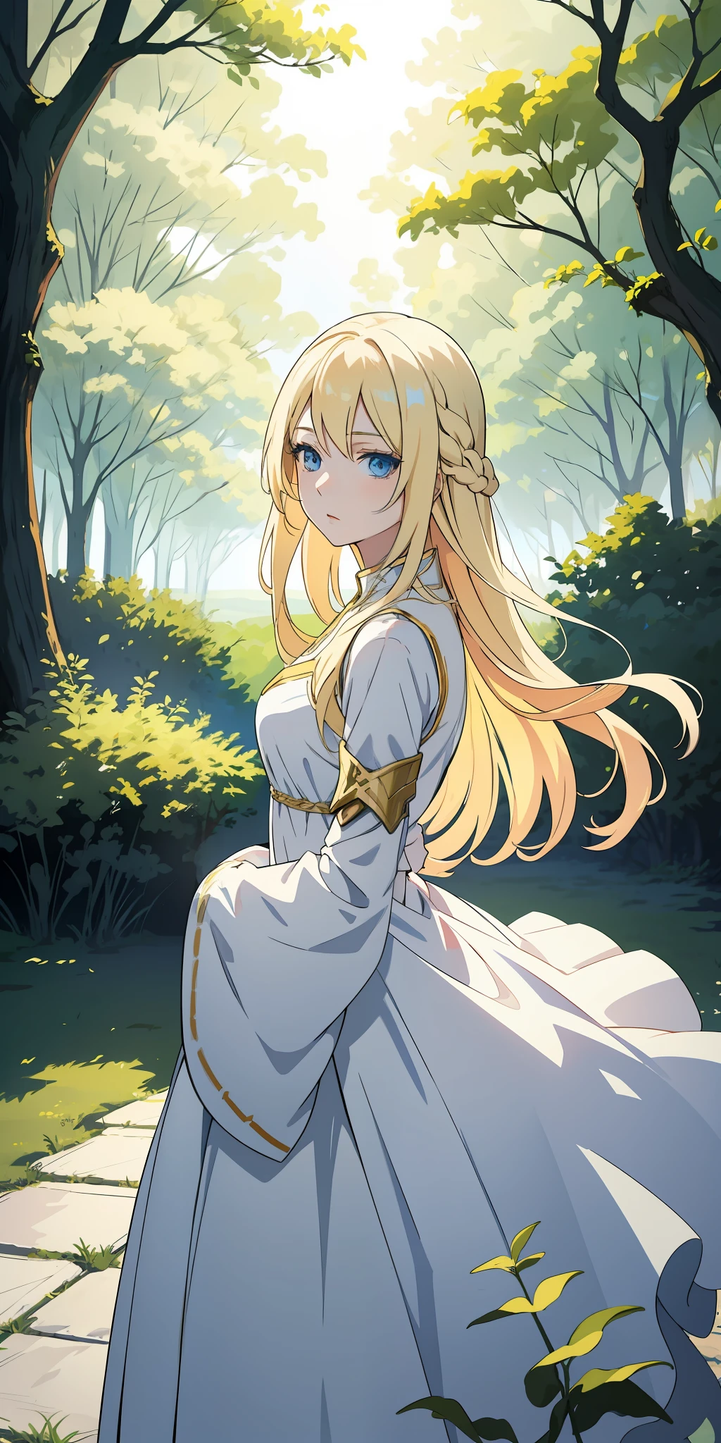 A beautiful girl with long blonde hair, blue eyes, white skin, wearing a guardian style dress, in a cinematic and artistic background of tree variations, with clay floor, making the environment simple and safe, in a clear lighting of pixiv anime.