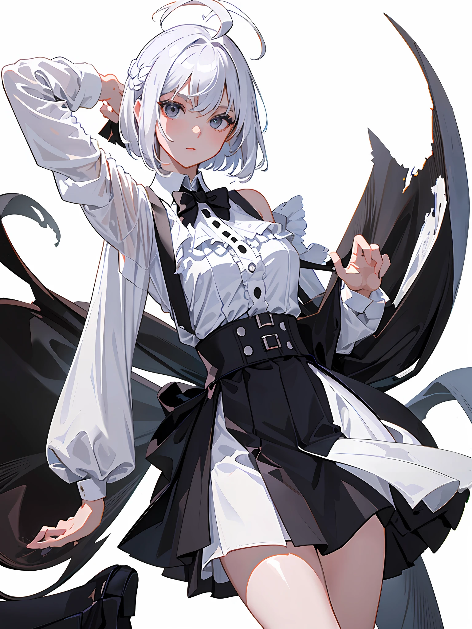 ((masterpiece, best quality)), (1girl), (solo), (female focus), (ahoge, white hair, short hair), black eyes, ((white shirt), (buttoned shirt)), ((black skirt), (short skirt)), standing, white background, behind arms,