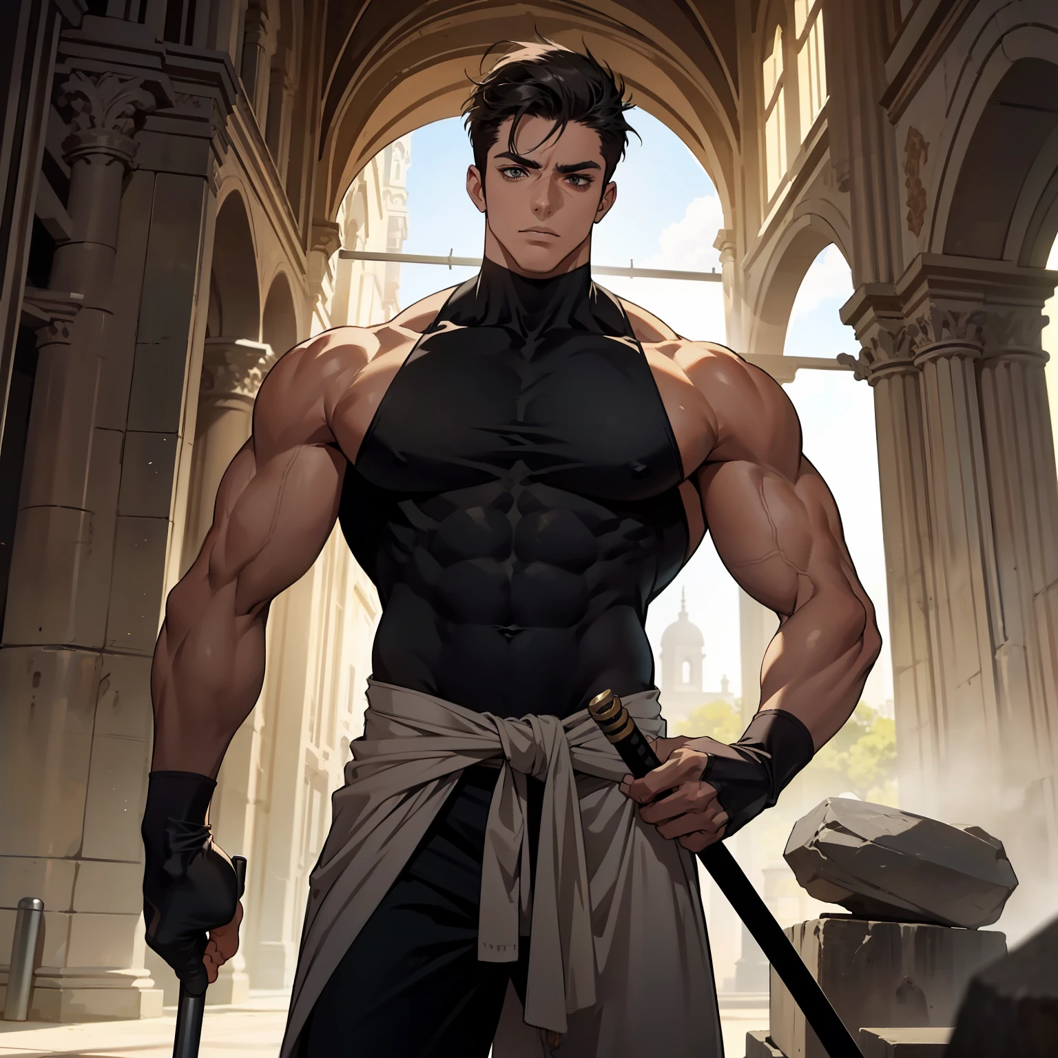 Tall and strong, full of muscle lines, broad shoulders and solid pectoral muscles, resolute and sharp face, masculine, short hair neat and neat, showing a simple style, wearing tight sportswear, highlighting muscle lines and body curves, holding an iron hammer in his hand, showing strength and determination, standing barefoot in a stone arena, the background presents an ancient and spectacular building, the foot focus highlights his strong ankles and solid soles, the complexion is healthy and smooth, showing a healthy physique, Sunlight shines on him through the dome of the arena, creating a spectacular atmosphere