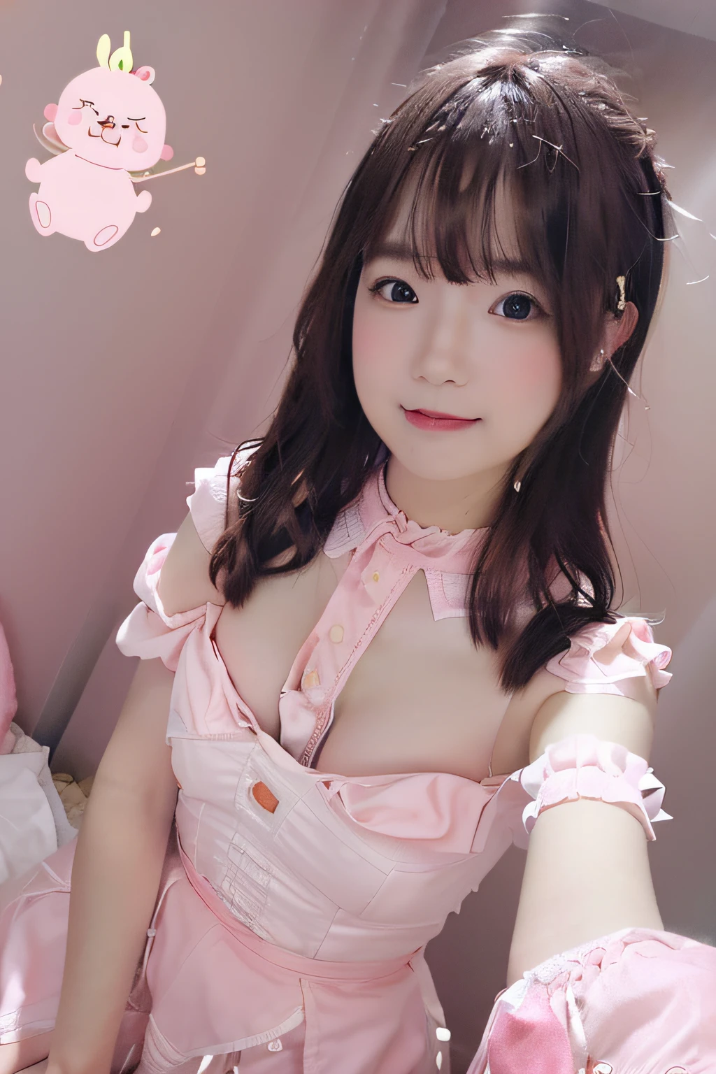 {{8k, RAW photo, highest quality, jectional}},(Feminine Photo:1.3) of (Ultra detailed:1.3),(Happy:1.3) best quality, ultra high res, ((realistic photo)), long hair, baby fat, mid-breast, leg holding, (super fine: 1.3), (film grading) , Analog Film, 1 Girl, Warm Sunshine, High Detail, (Pastel: 1.3), Close-up of a woman in a pink low-cut skirt holding a pink object, with cute - fine - face, Chiho, young cute girl, Sakimichan, girl cute thin face, pink girl, cute cute, young beautiful intaglio idol, attractive girl, a cute young woman,