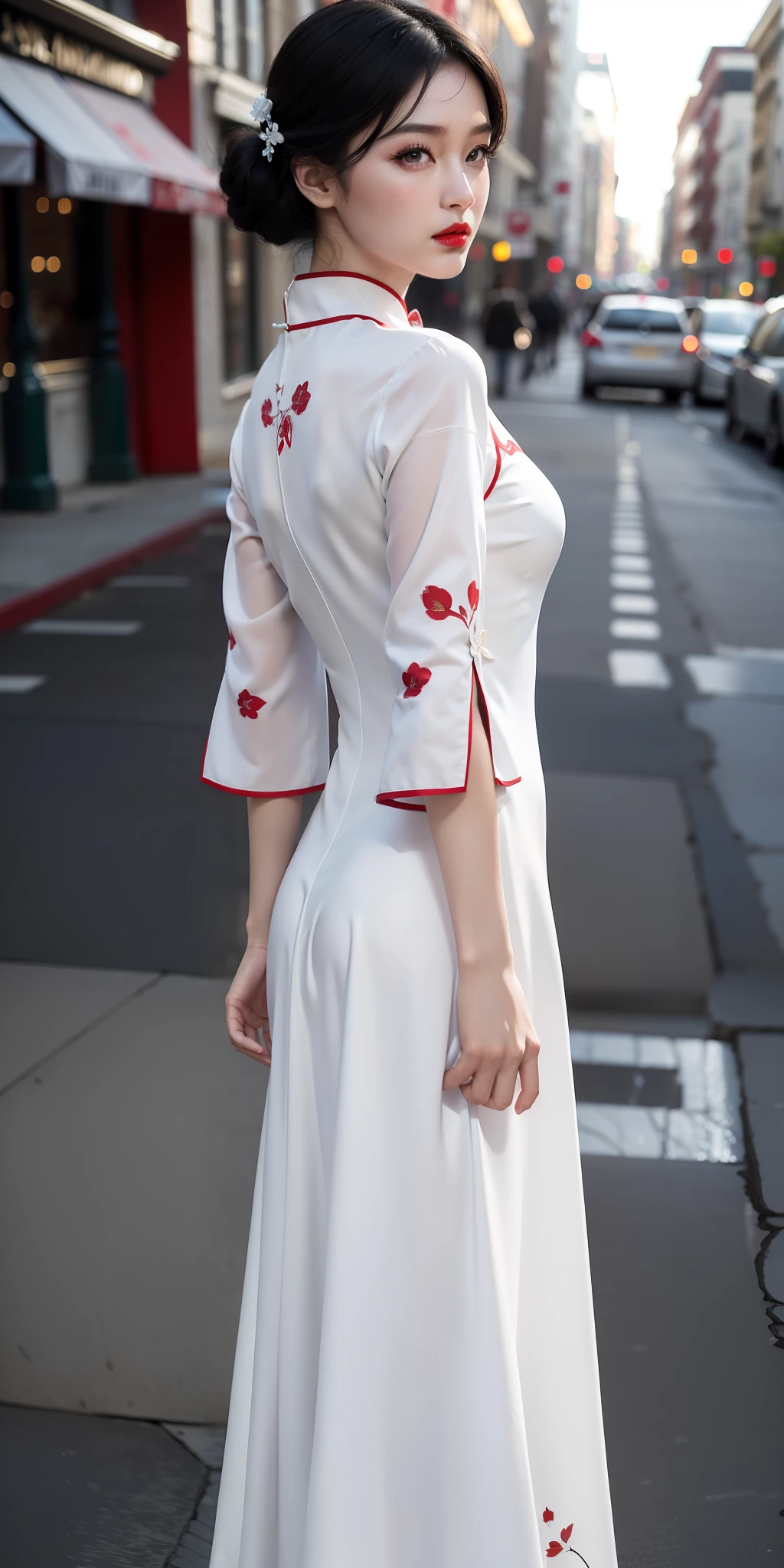 (White Print Cheongsam), One Girl, (Back Arms: 1.1), (Realistic: 1.7), (Best Quality)), Absurdity, (Ultra High Resolution), (Photorealistic: 1.6), Photorealistic, Octane Rendering, (Hyperrealistic: 1.2), (Photorealistic Face: 1.2), (8K), (4K), ( Masterpiece), (Realistic Skin Texture), (Illustration, Movie Lighting, Wallpaper), (Beautiful Eyes: 1.2), (Perfect Face))))), (Cute), (Standing), (Black Hair), Black Eyes, Red Lips, (Outdoor), Satin Fabric