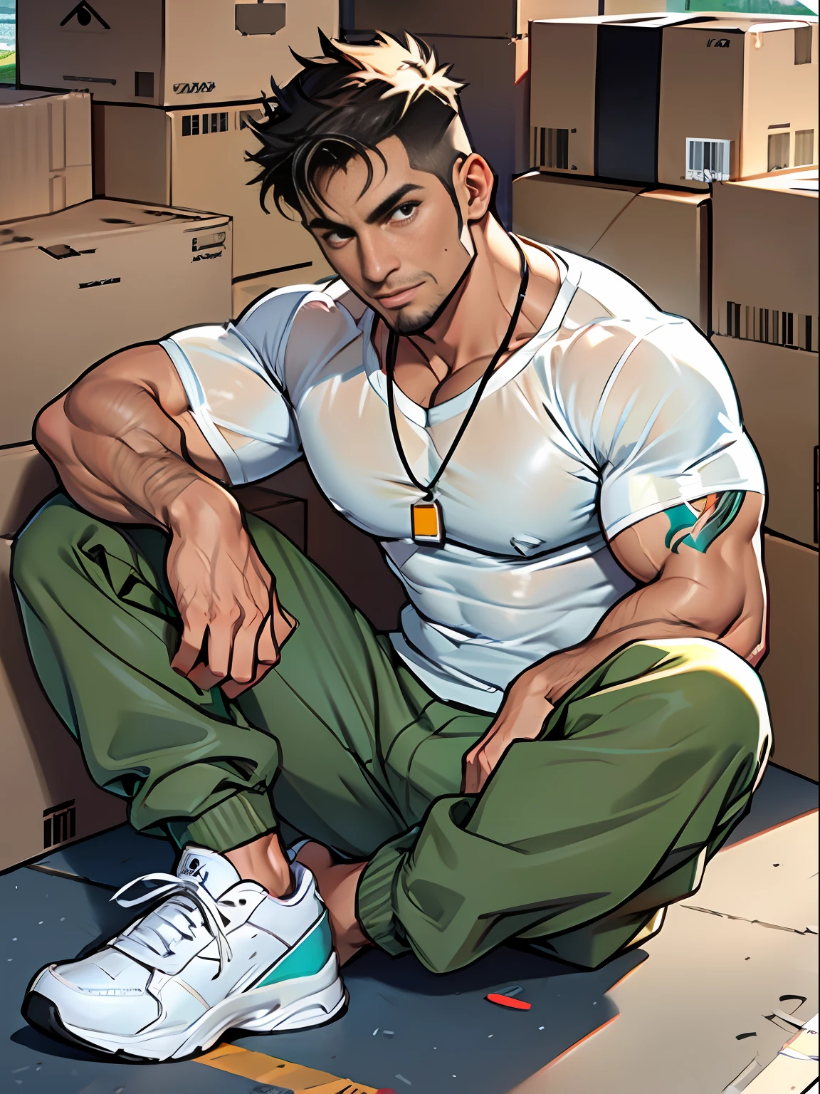 20 years old, big eyes, male, stubble, short hair, huge muscles, exaggerated muscles, mature man, muscle swelling, bodybuilding, pectorals, abs, sitting on blanket, gift streamers on the courier box, courier box, pure white transparent shirt, open shirt, wet, khaki white wide-brimmed sweatpants, high-top sneakers, natural light, wet body, wheat-colored skin, 1man, tattoo on forearm, large number of courier boxes on blankets, courier boxes stacked up, legs stretched forward, metal necklace