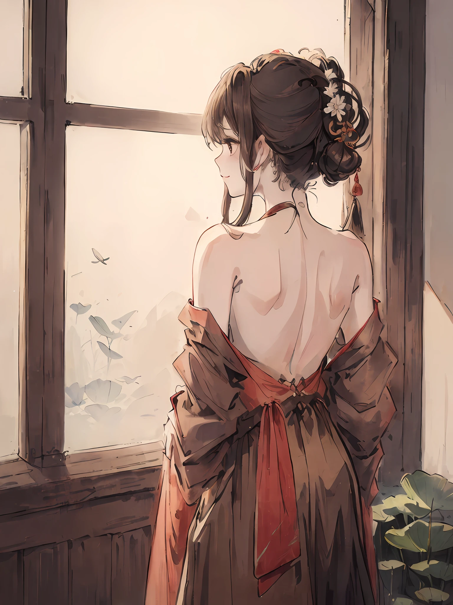 ((4K, Masterpiece, Best Quality)), shuimobysim, Chinese painting, lotus, hanfu, maxiskit, dress open1girl, solo, long brown hair, , standing, chinese clothing, bandeau, light makeup, d-cup, loose, tulle, underwear, suspenders, back, nudity