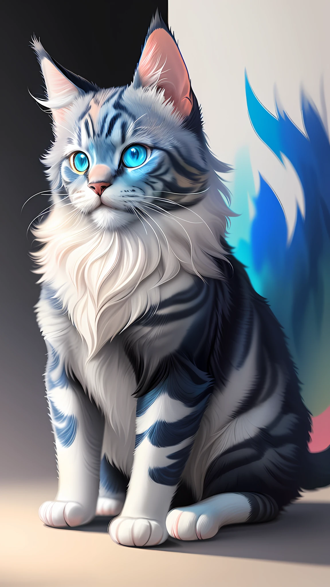 a painting of a colorful cat with blue eyes, a digital painting, Behance contest winner, hd vector art, Maine coon, blurred and dreamy illustration, super detailed color low poly art