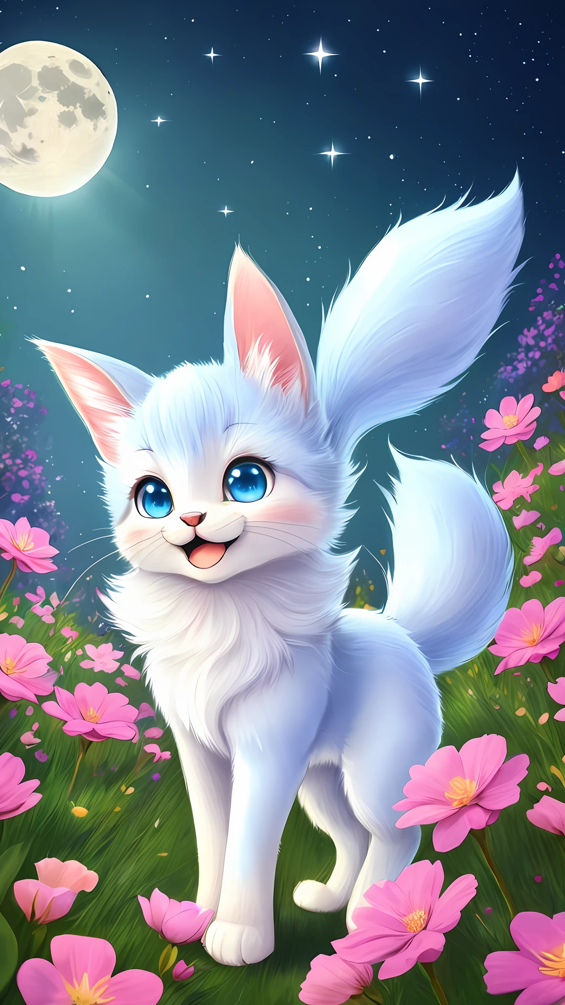 A kitten with a tiny tail, a small nose, small ears, blue eyes, pink background, flowers, vases, dreams, open mouth, smile, Caroline Chariot-Dayez pastels, tumblr, furry art, elokitty, Disney's Bambi cat, Disney's stylized furry, ears floating, fluffy tail, fluffy '', fluffy !!!, high resolution, furry art!!! The moon, small in size